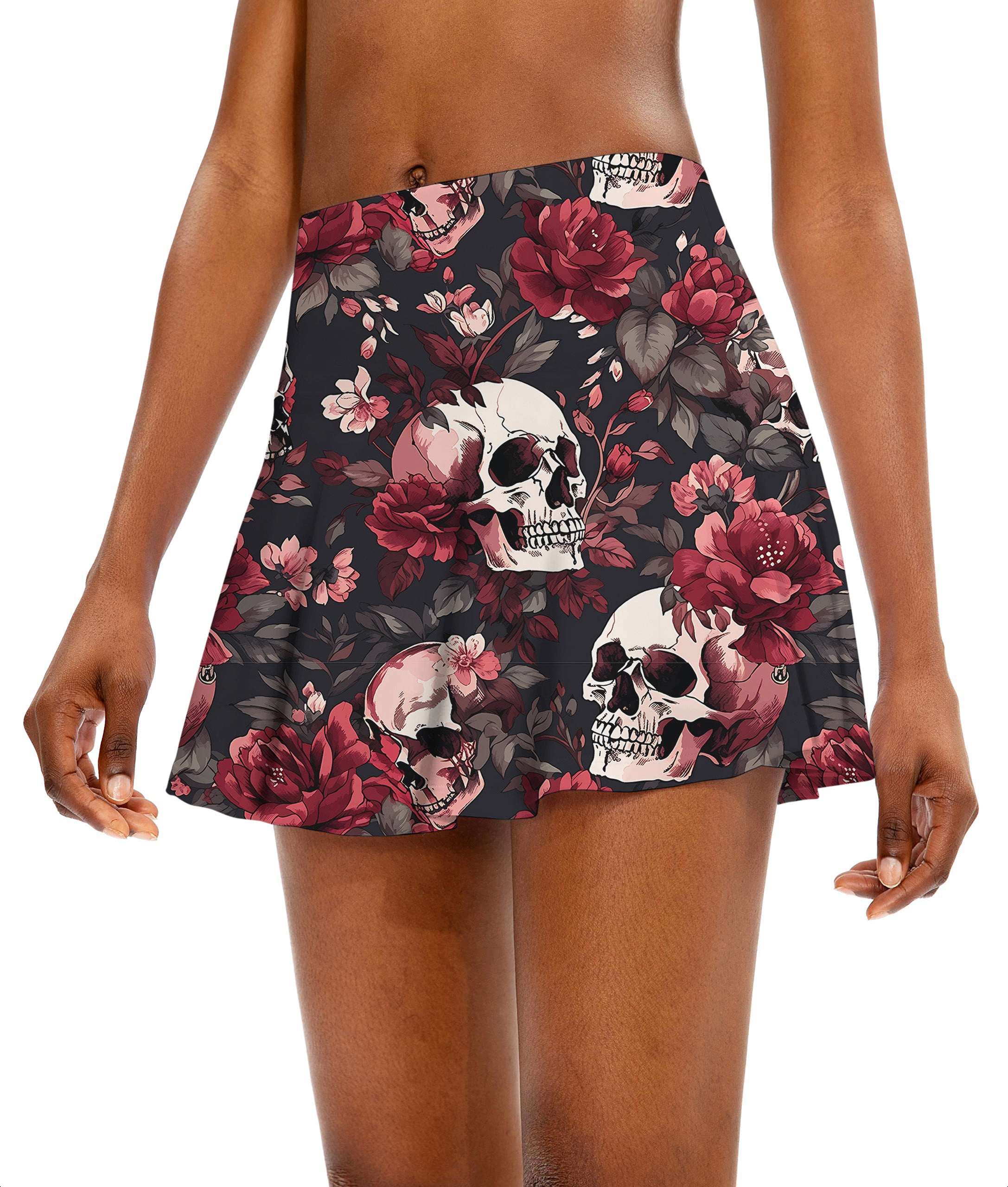 Halloween floral skull Women's Athletic Golf Skorts Flared Skirts