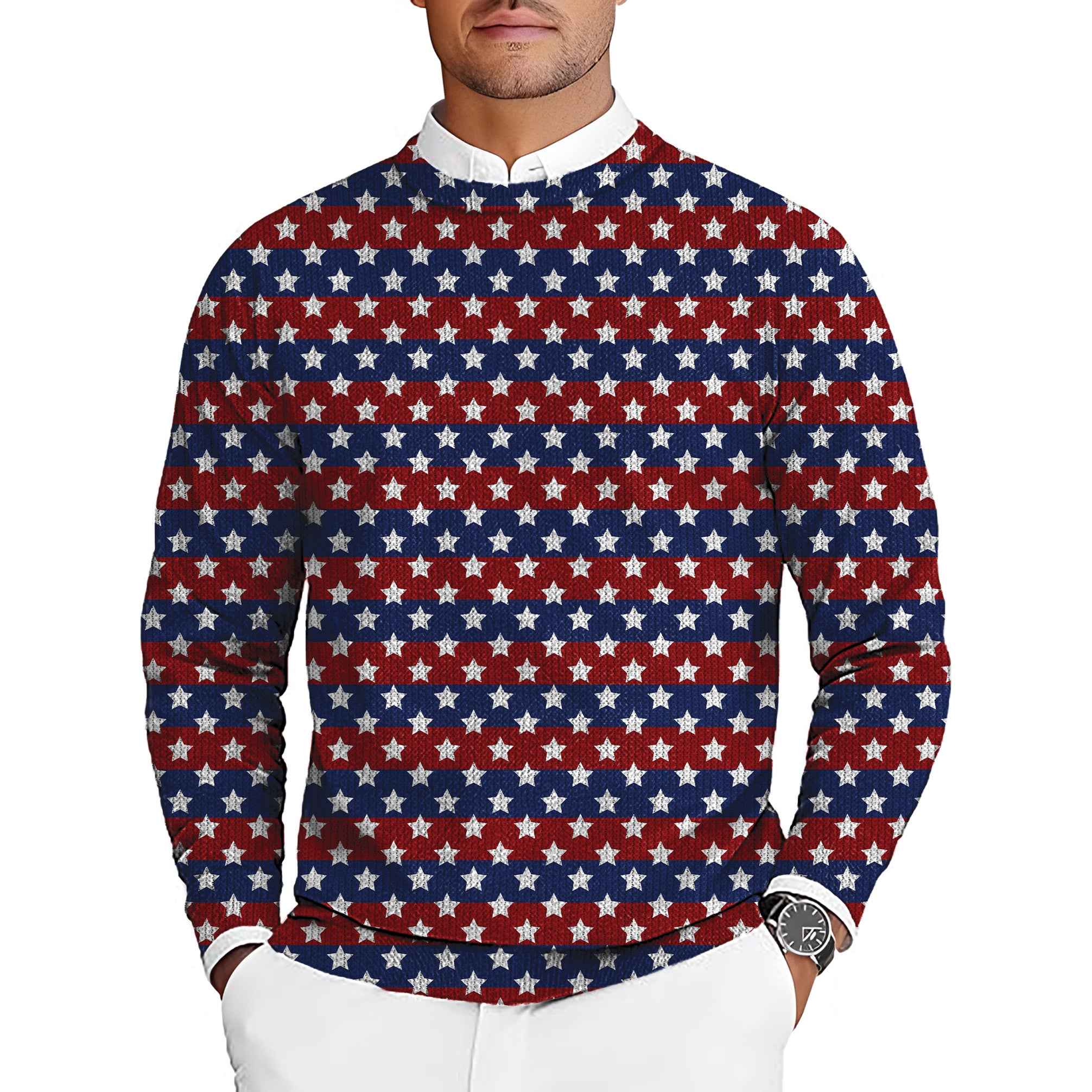 US Flag Stars Men's Golf Crewneck Pullover Sweaters Ugly Sweater