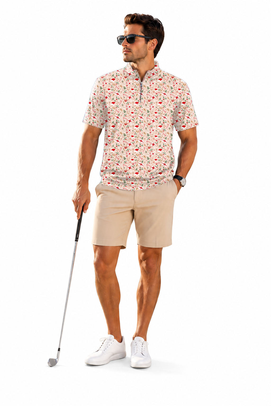 Men's Short Sleeve Quarter Zip Golf Pullover   pink christmas Embroidery