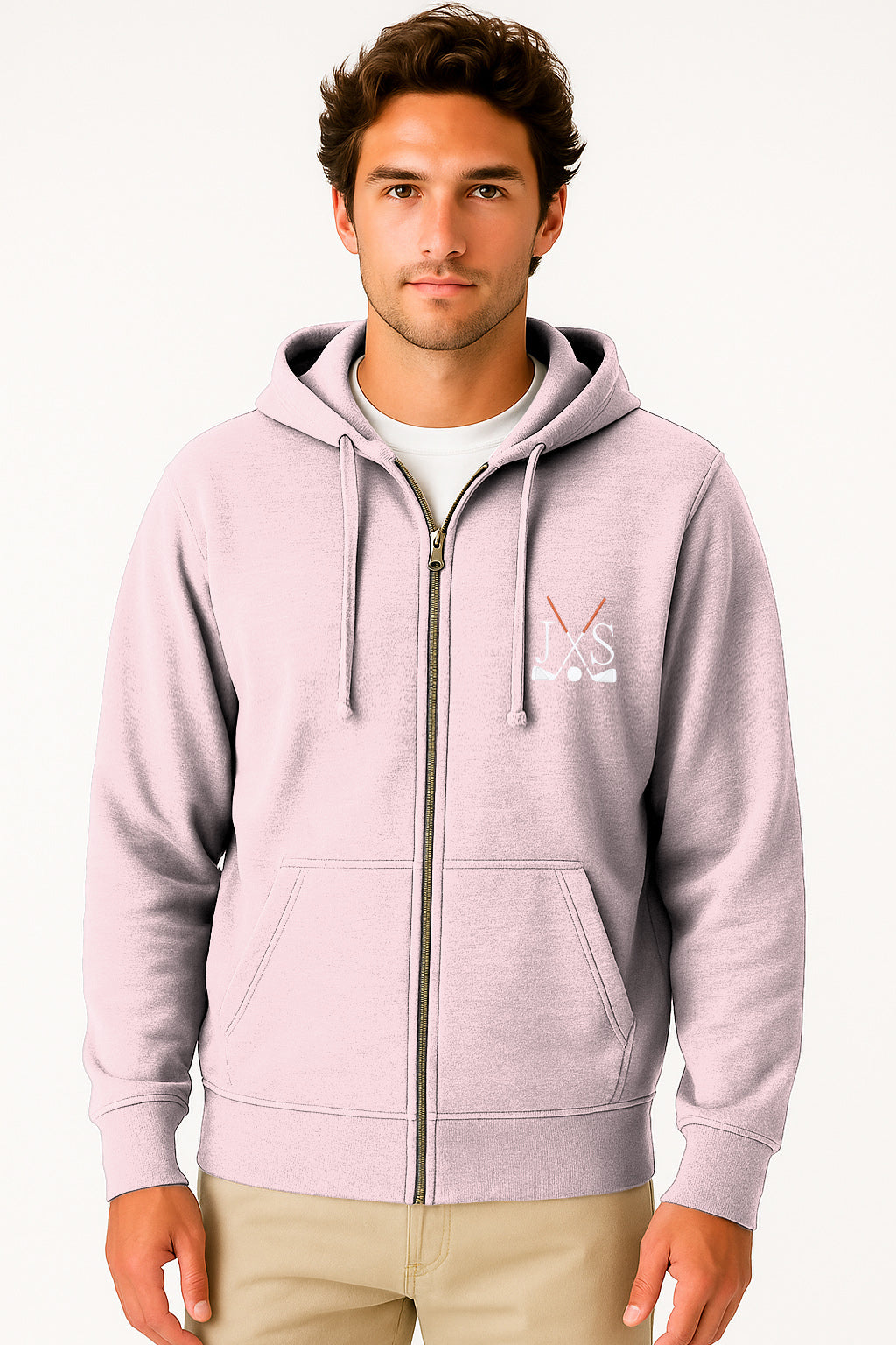 Pink PLUS size men's zipper hoodie with embroidery, rib knit cuffs, and front pouch pocket.