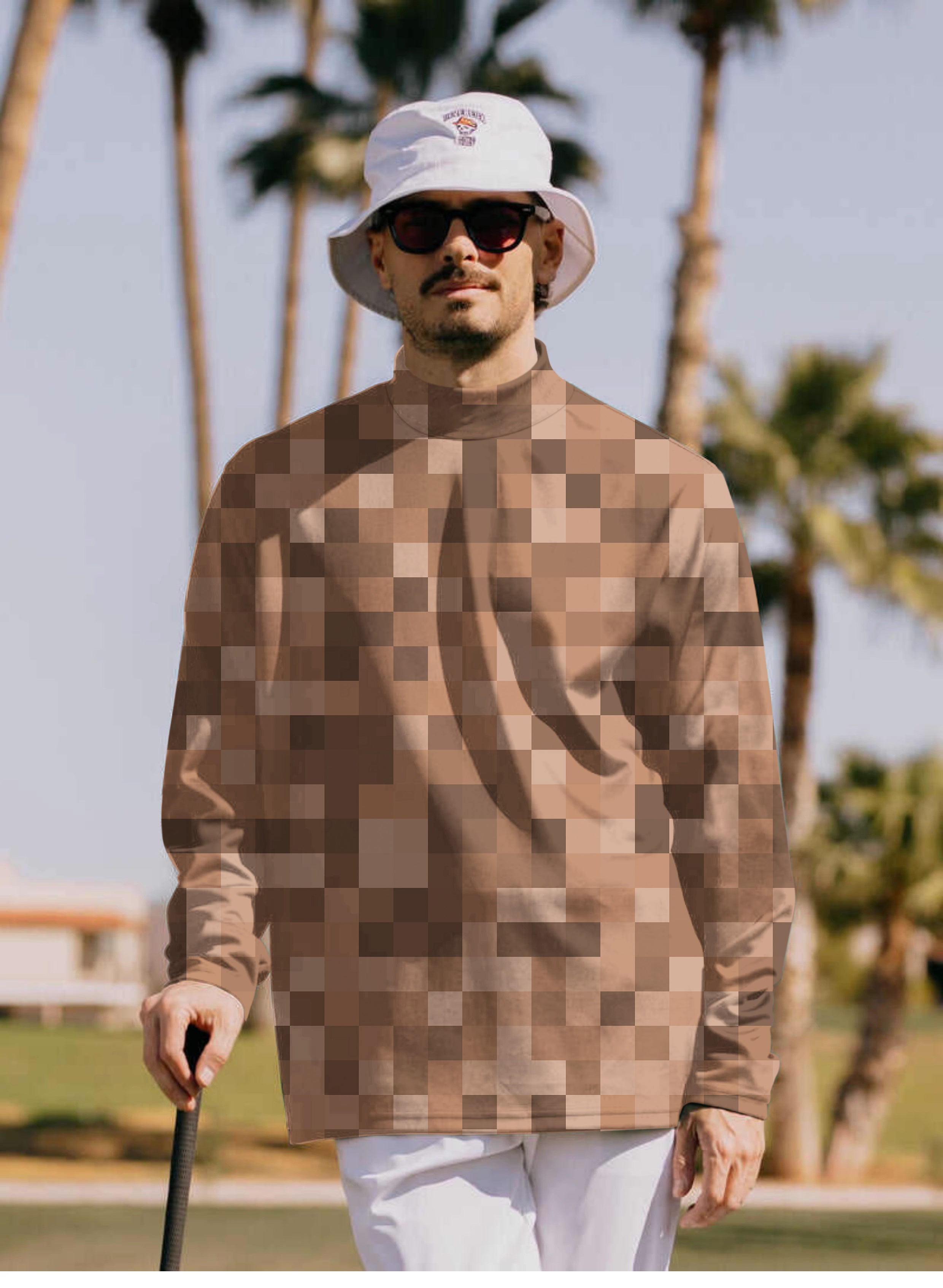 Men's Brown Pixel Big Pullover High neck Long/Short sleeve T-Shirt