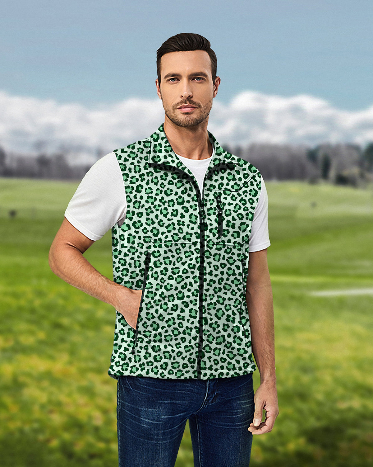 Men's Green leopard print Lightweight Softshell Vest Sleeveless Jacket for Golf Windproof Waterproof