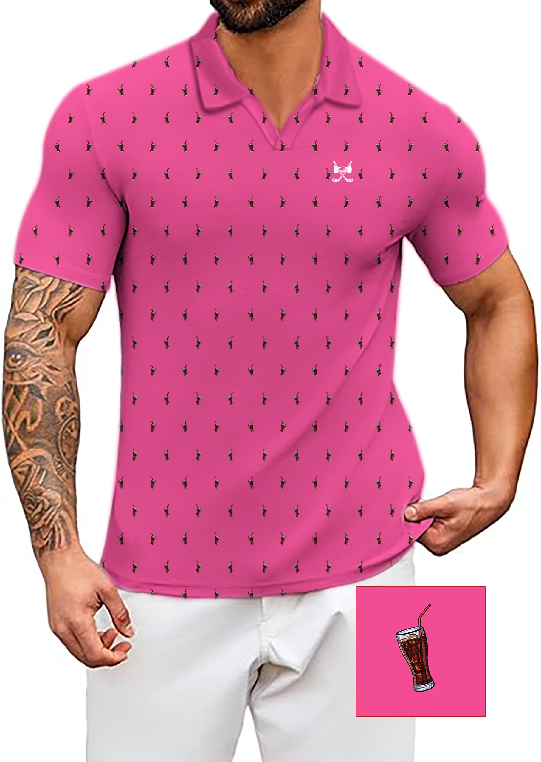Men's Fuchsia Cola Glass Cup V Neck Golf Polo Shirts