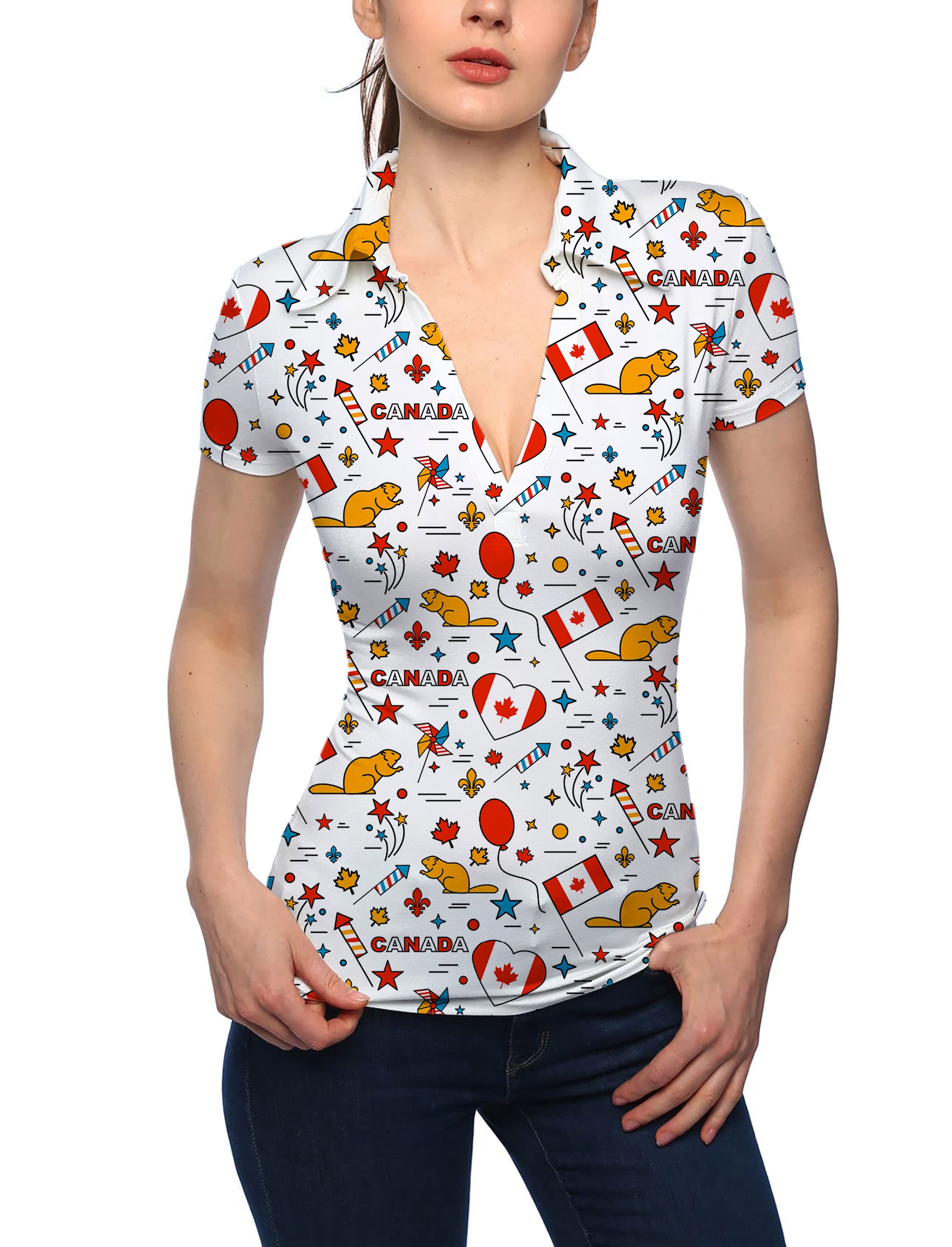 Women's Canadian Balloon Squirrel V Neck Golf Polo