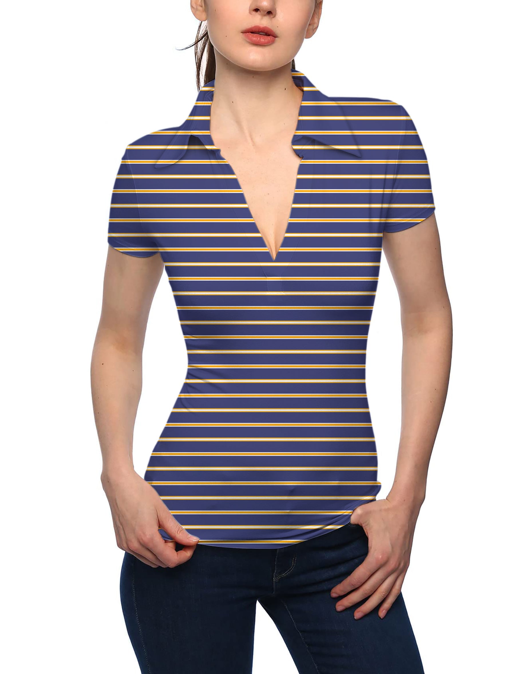 Women's Navy blue and orange stripes V Neck Golf Polo limited edition