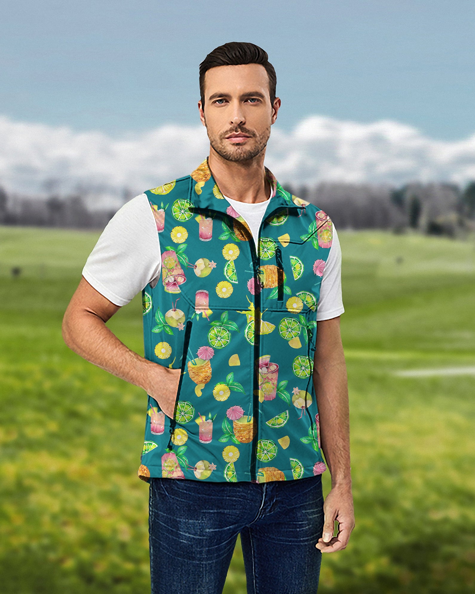 Men's Tropical Paradise Lightweight Softshell Vest Sleeveless Jacket for Golf Windproof Waterproof