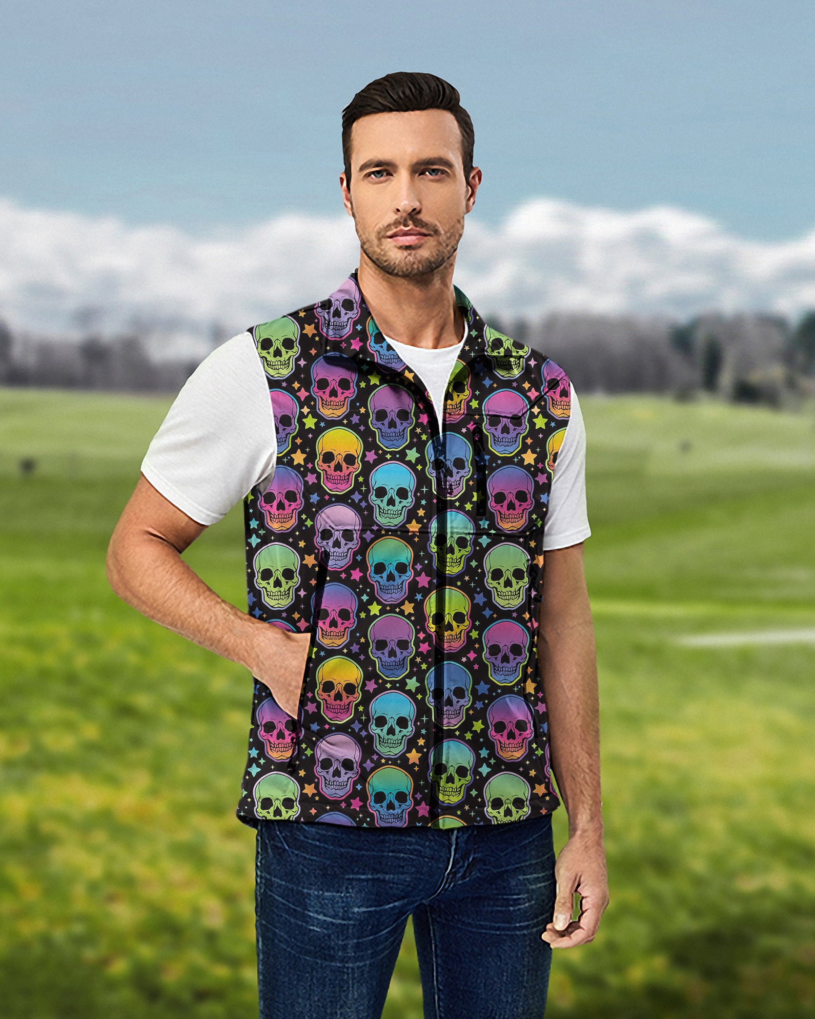 Men's Neon Skulls Lightweight Softshell Vest Sleeveless Jacket for Golf Windproof Waterproof