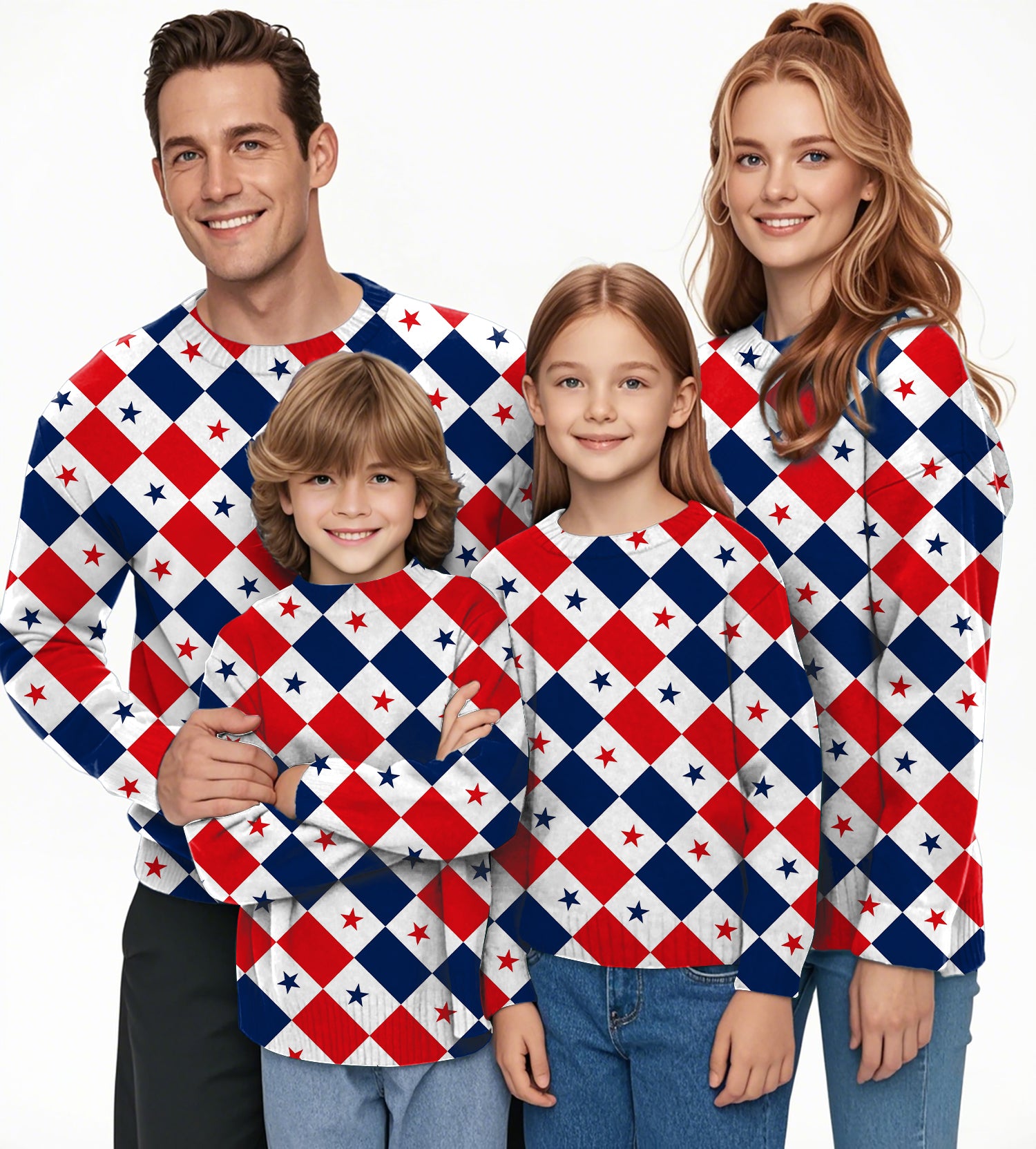 Argyle US Star flag Crewneck Pullover Ugly Sweater Men Women boy girl family