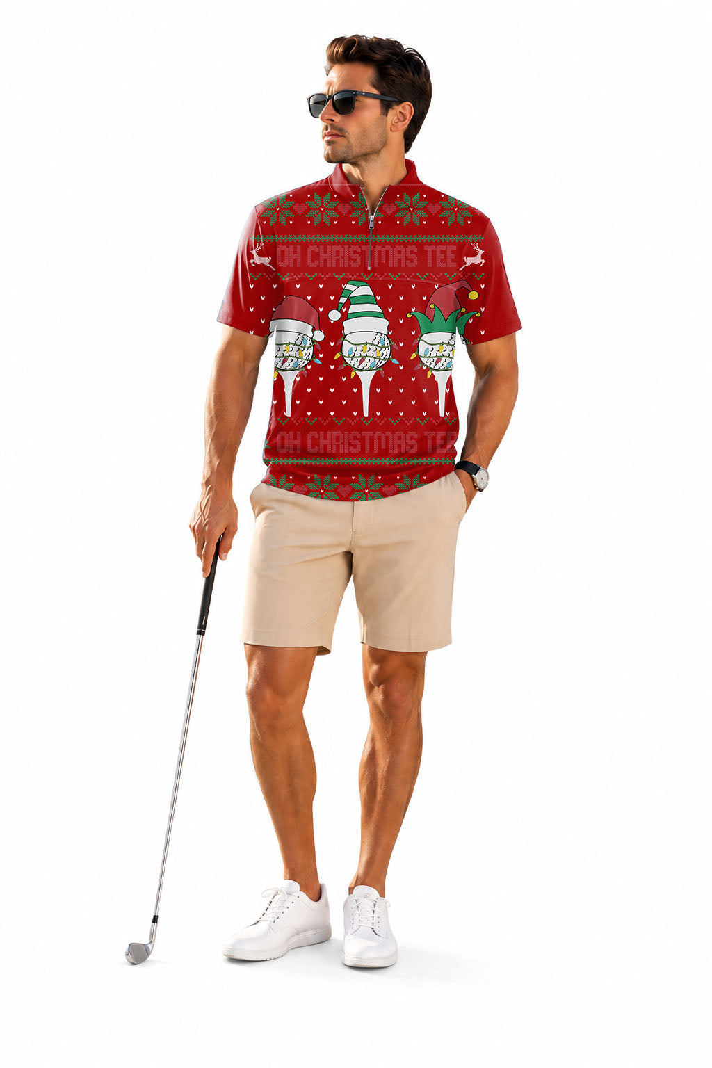 Men's Short Sleeve Quarter Zip Golf Pullover   Red-Christmas Custom face Embroidery