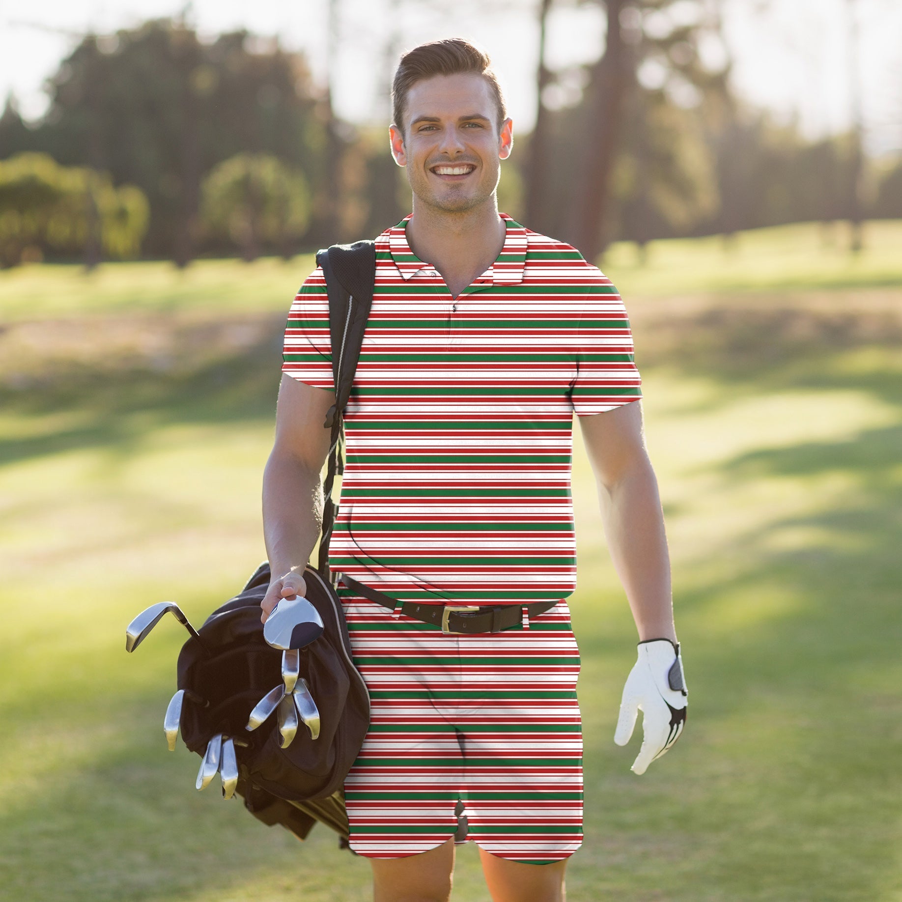 Men's golf set with striped Christmas polo and shorts, moisture-wicking, four-way stretch, UPF 40+ protection, wrinkle-resistant, classic fit for sporty business casual look