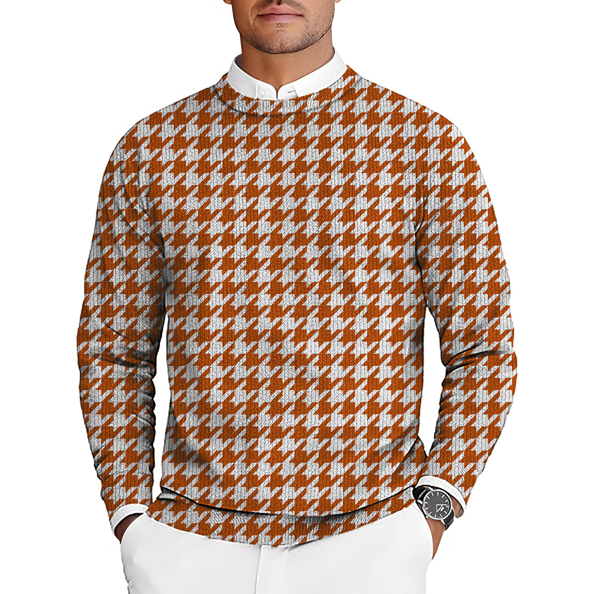 Halloween yellow and white houndstooth Men's Golf Crewneck Pullover Sweaters Ugly Sweater