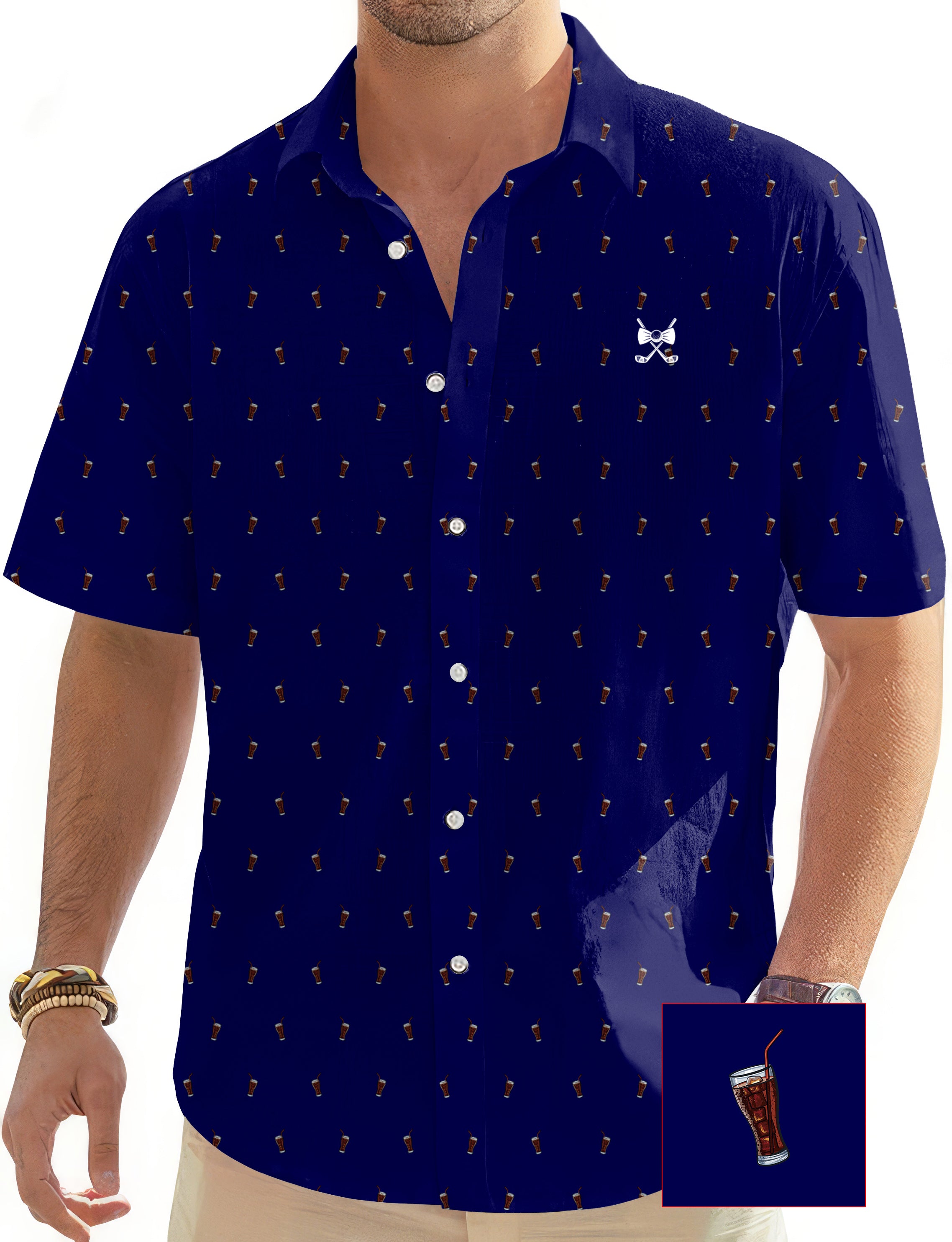 Navy Cola Glass Cup Men's Golf Hawaiian Shirts Button Down Shirt