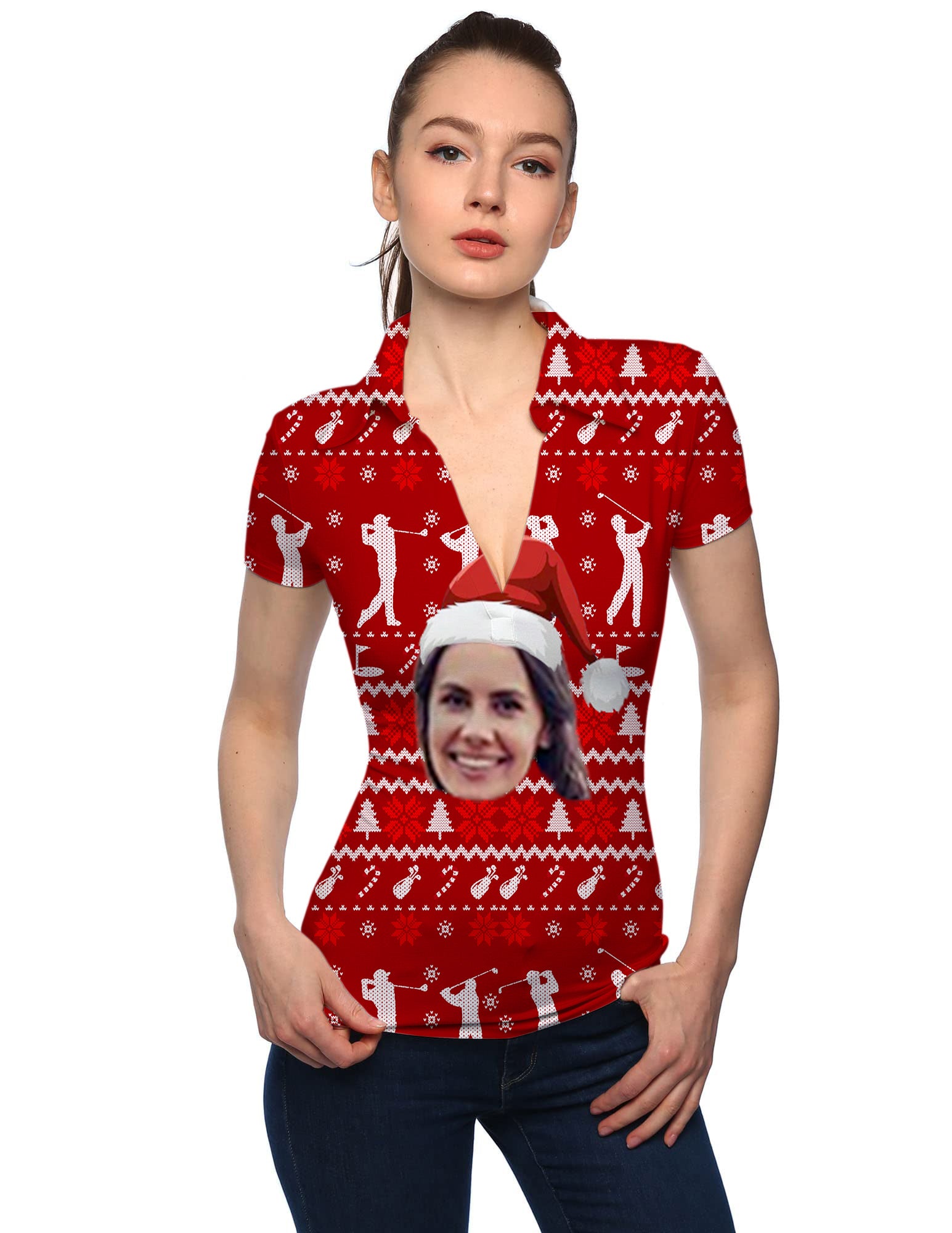 Women's Custom face W-Christmas Custom face V Neck Golf Polo