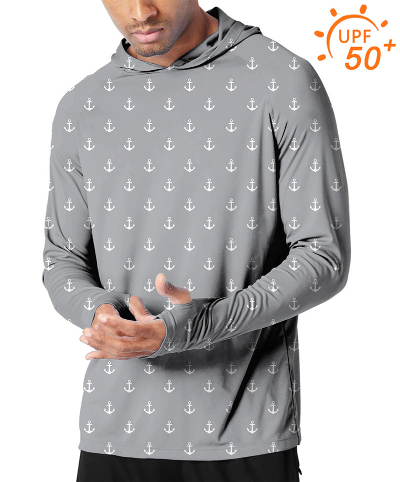 Men's outdoor hoodie in light gray with anchor print, slim fit, UPF 50+ sun protection, breathable fabric, and thumb holes for outdoor activities.
