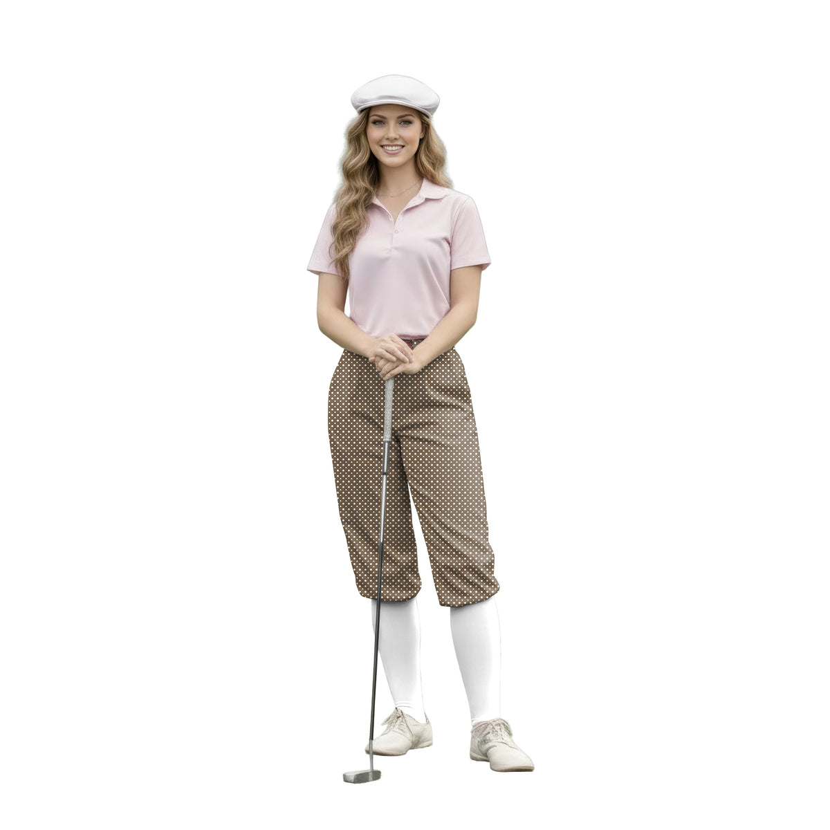 Personalize And Add To Cart Men's white polka dot brown Polo Womens Golf Knickers Pants