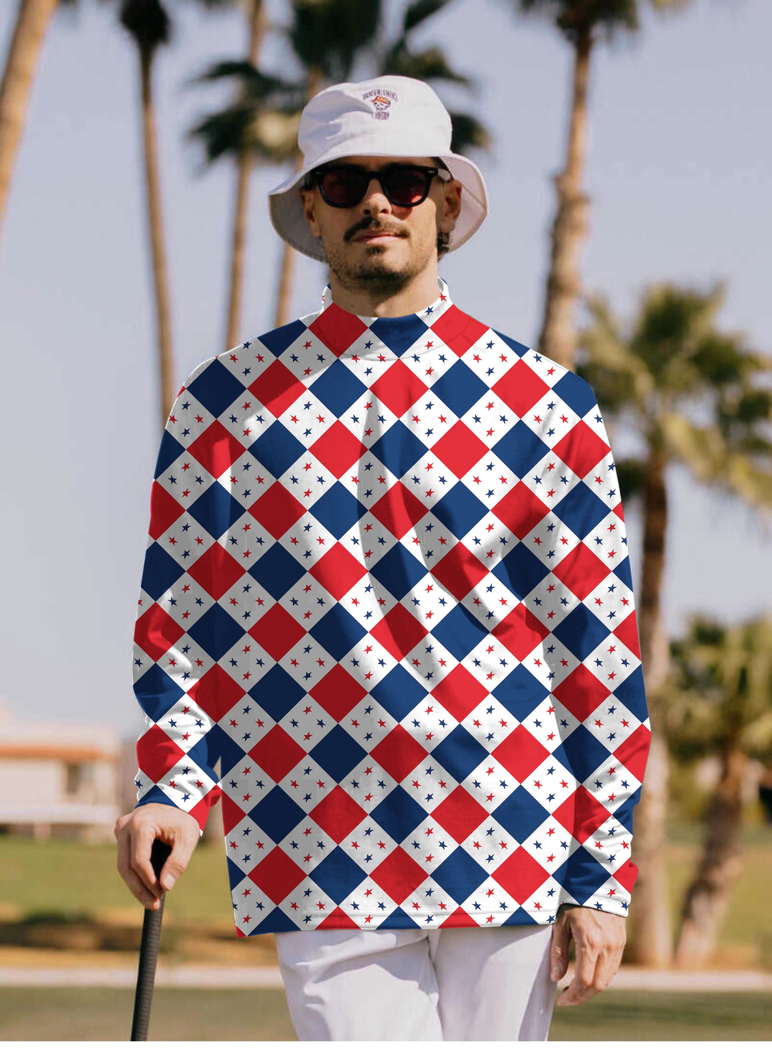 Men's Argyle US Star flag Pullover High neck Long/Short sleeve T-Shirt