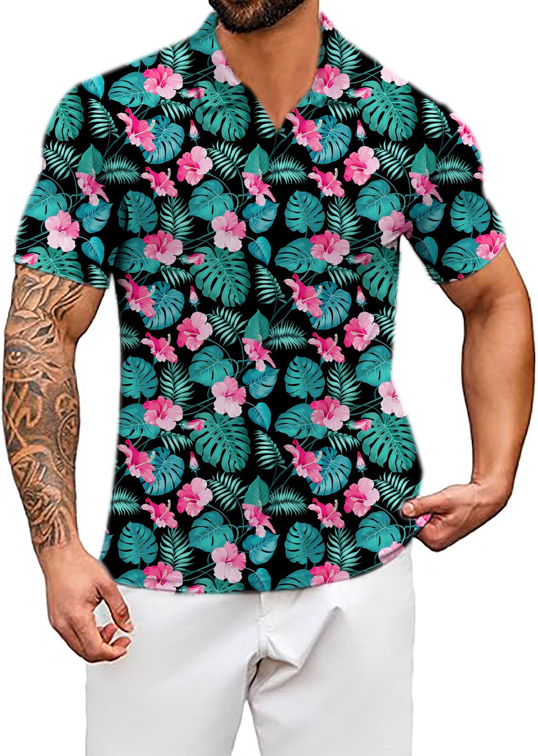 Men's Tropic Floral V Neck Golf Polo Shirts