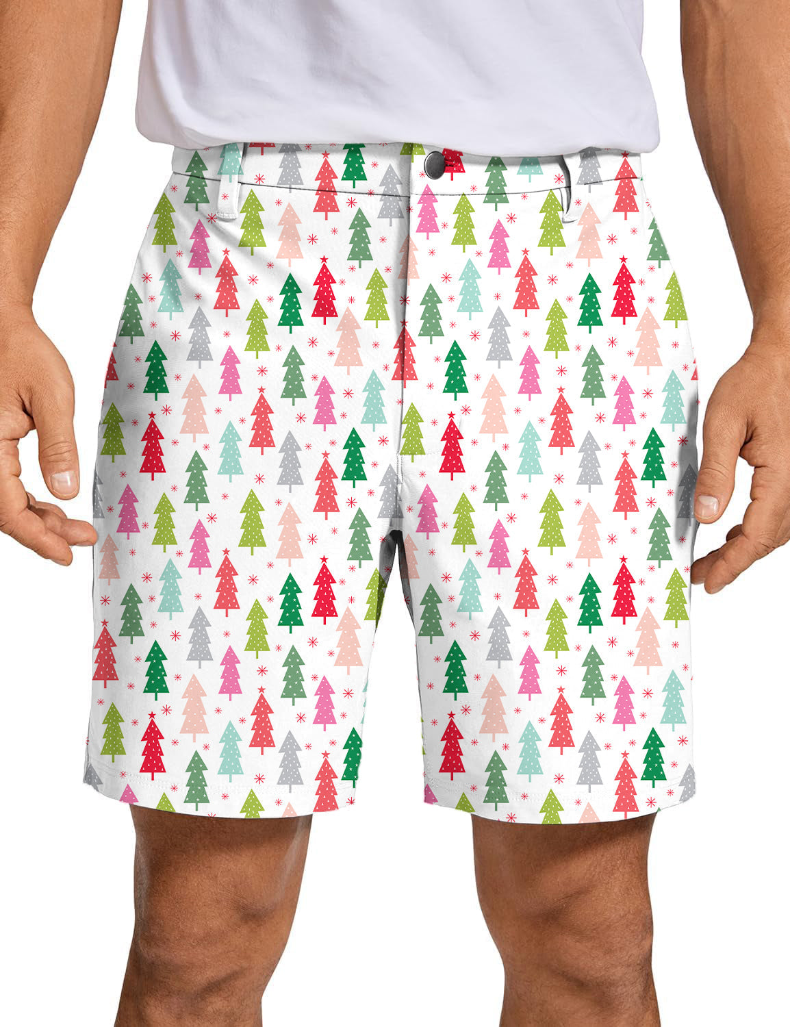 Men's colorful Christmas tree golf shorts with quick-dry, breathable fabric and multi-colored festive pattern