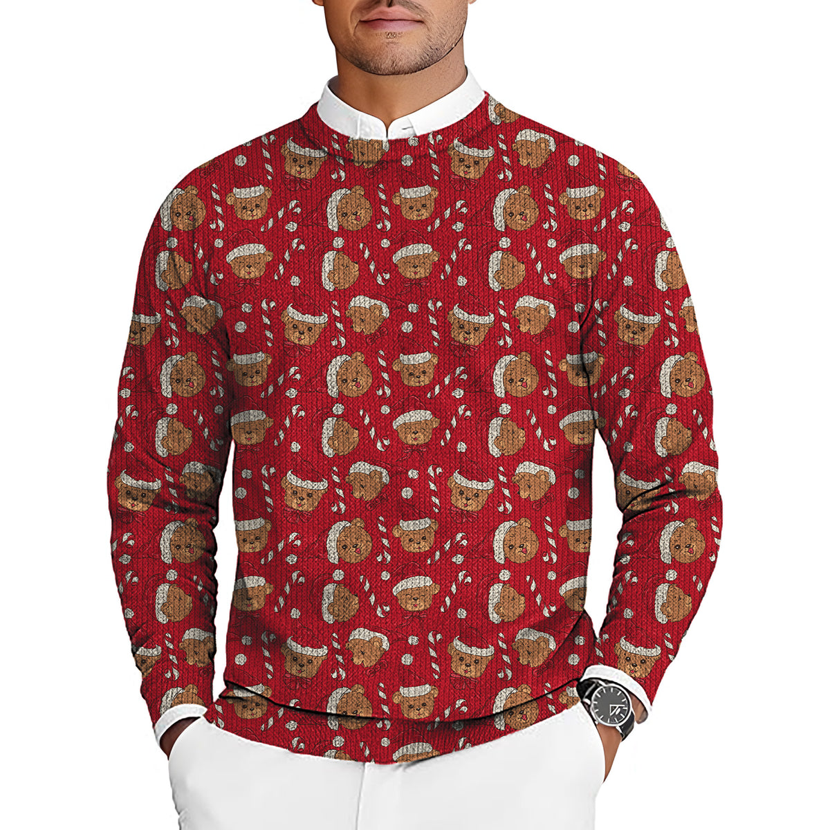 Red Christmas Teddy Bear Men's Golf Crewneck Pullover Sweaters Ugly Sweater
