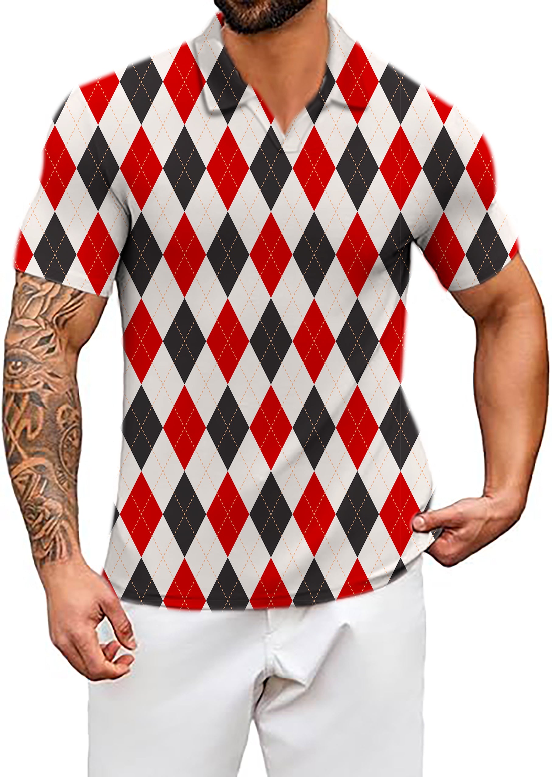 Men's Argyle Red black grid V Neck Golf Polo Shirts