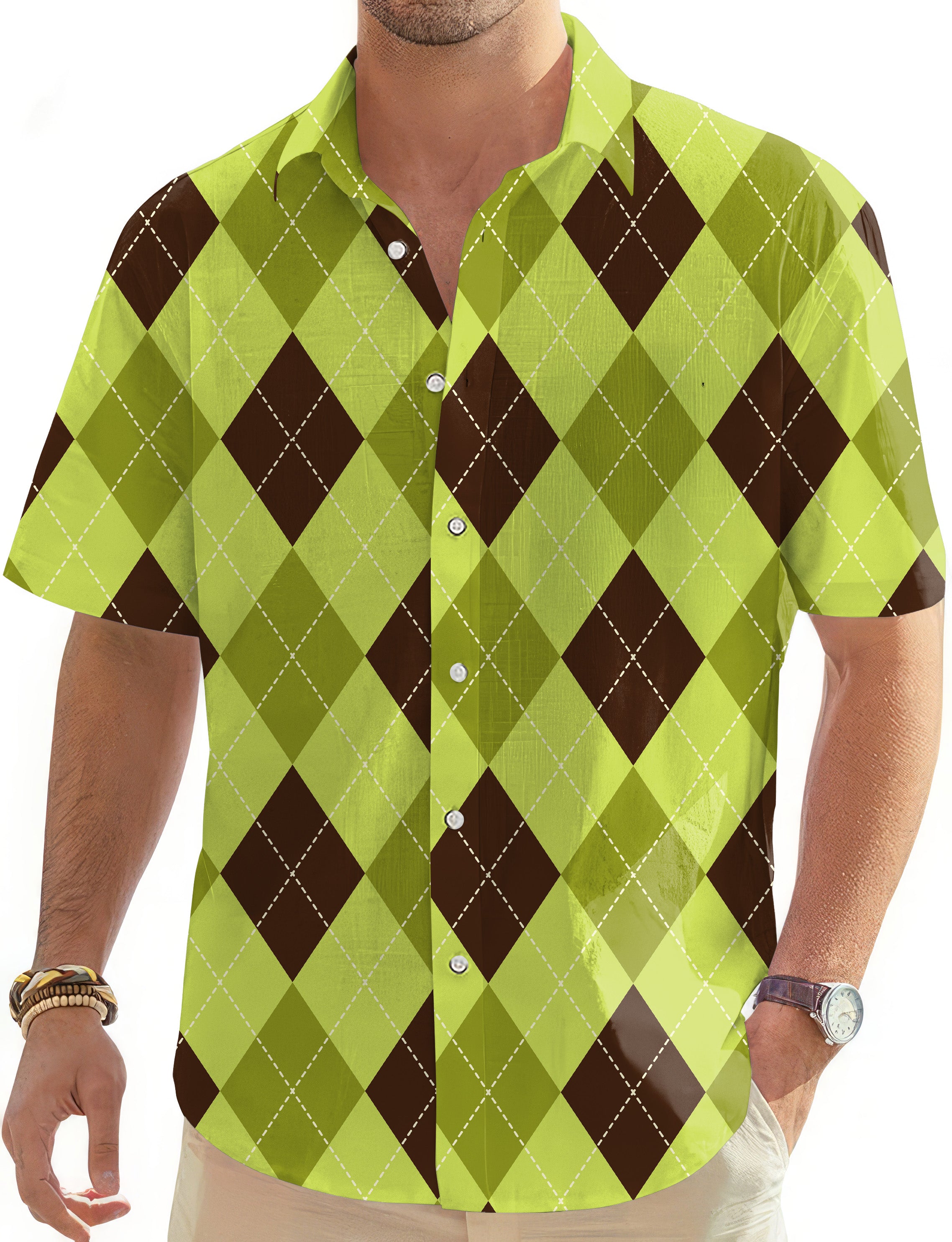 Yollow Argyle-Men's Golf Hawaiian Shirts Button Down Shirt