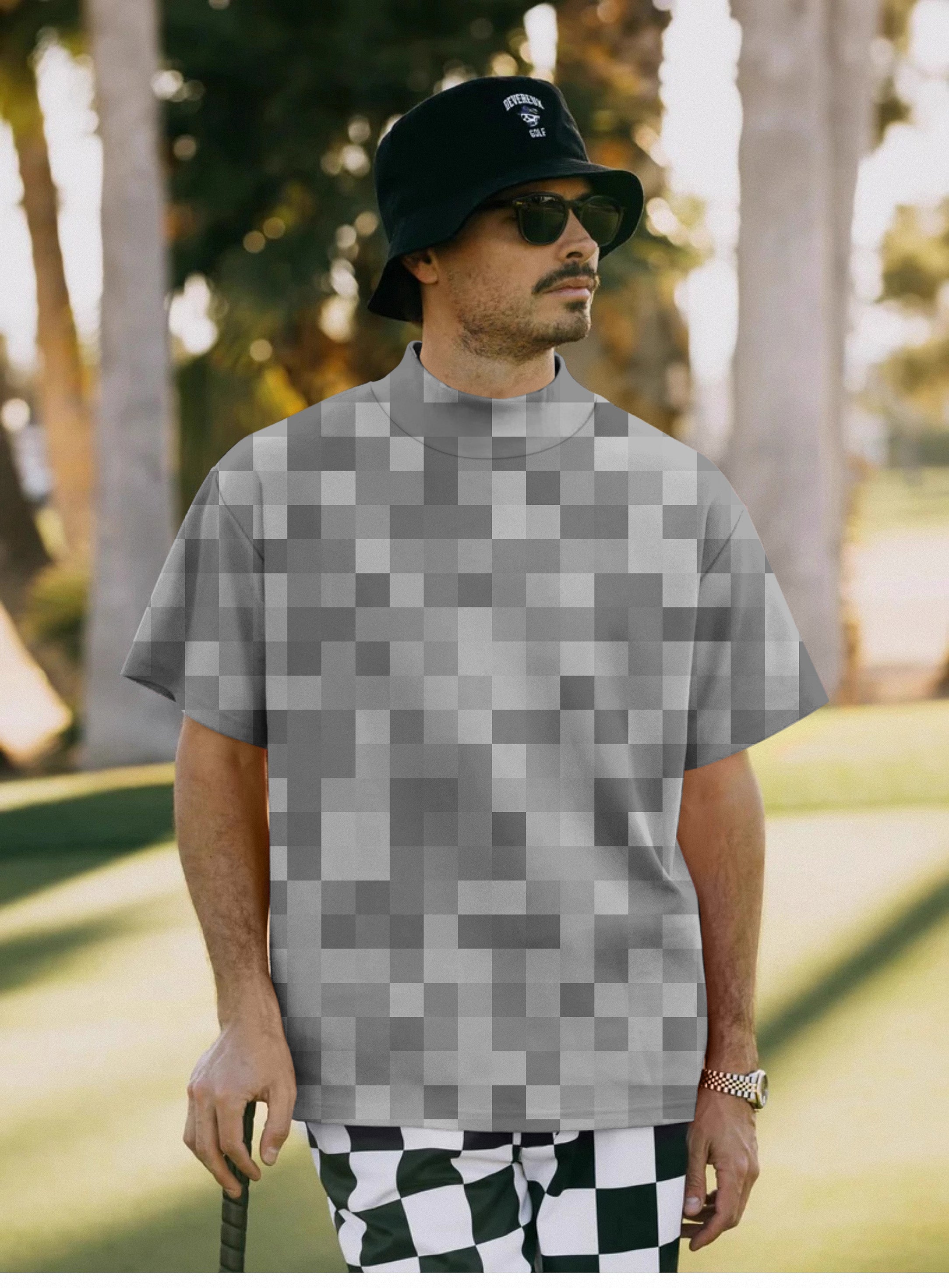Men's Grey Pixel Big Pullover High neck Long/Short sleeve T-Shirt