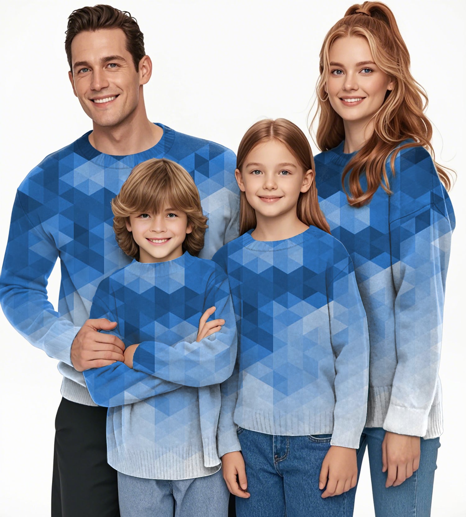 Abstract Blue Background With Triangular Patternt Crewneck Pullover Ugly Sweater Men Women boy girl family
