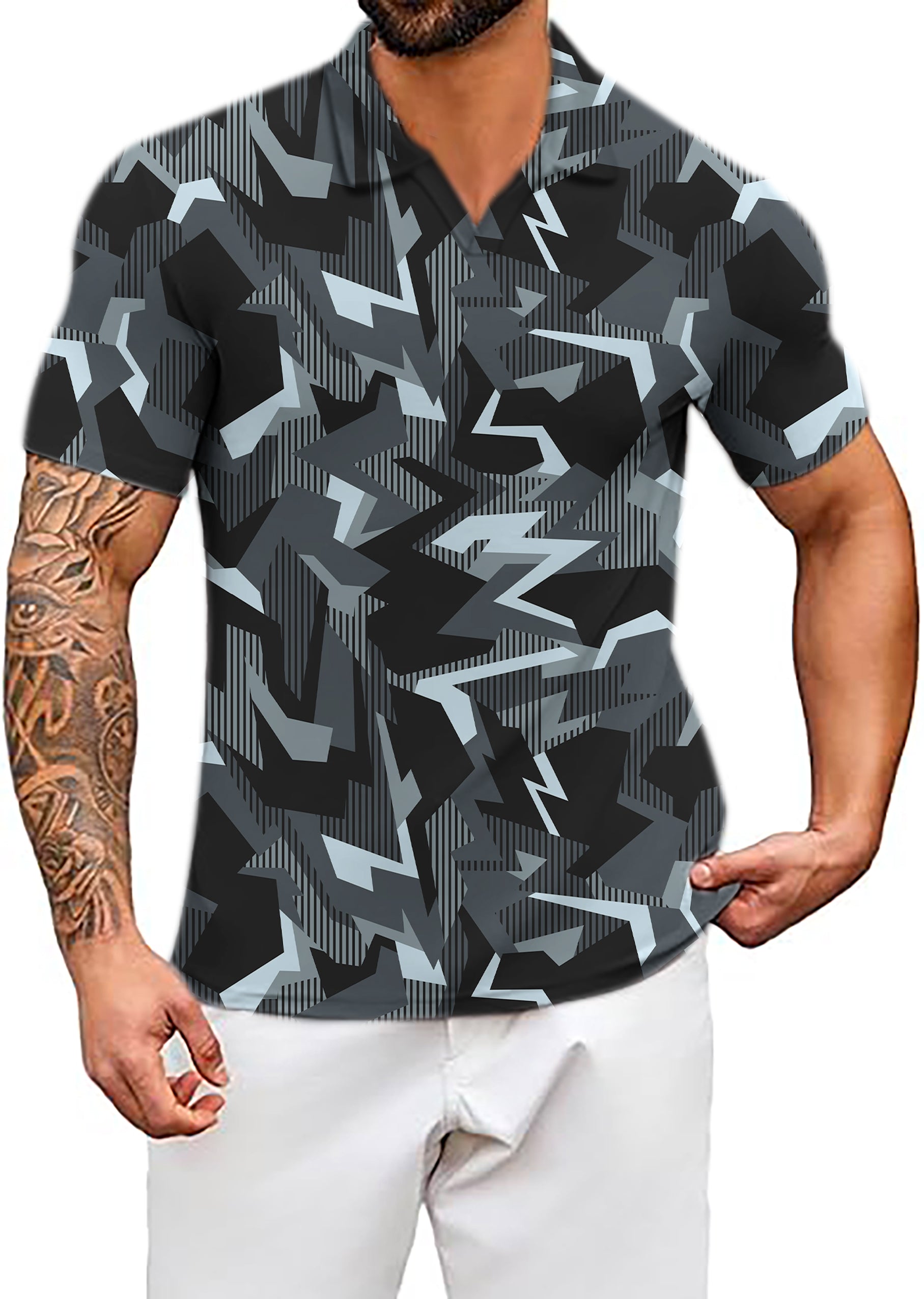 Men's Graphite Glitch V Neck Golf Polo Shirts