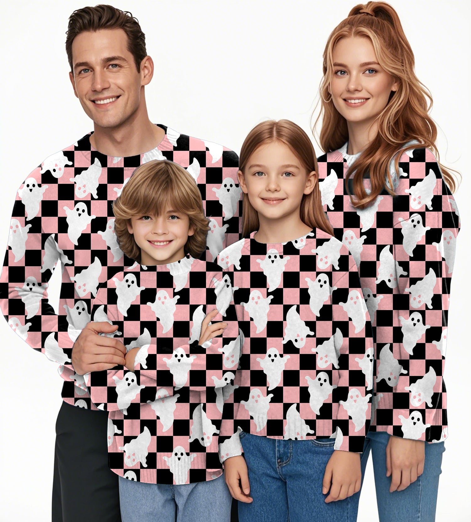 Halloween Black and White Checkerboard Ghost Crewneck Pullover Ugly Sweater Men Women boy girl family