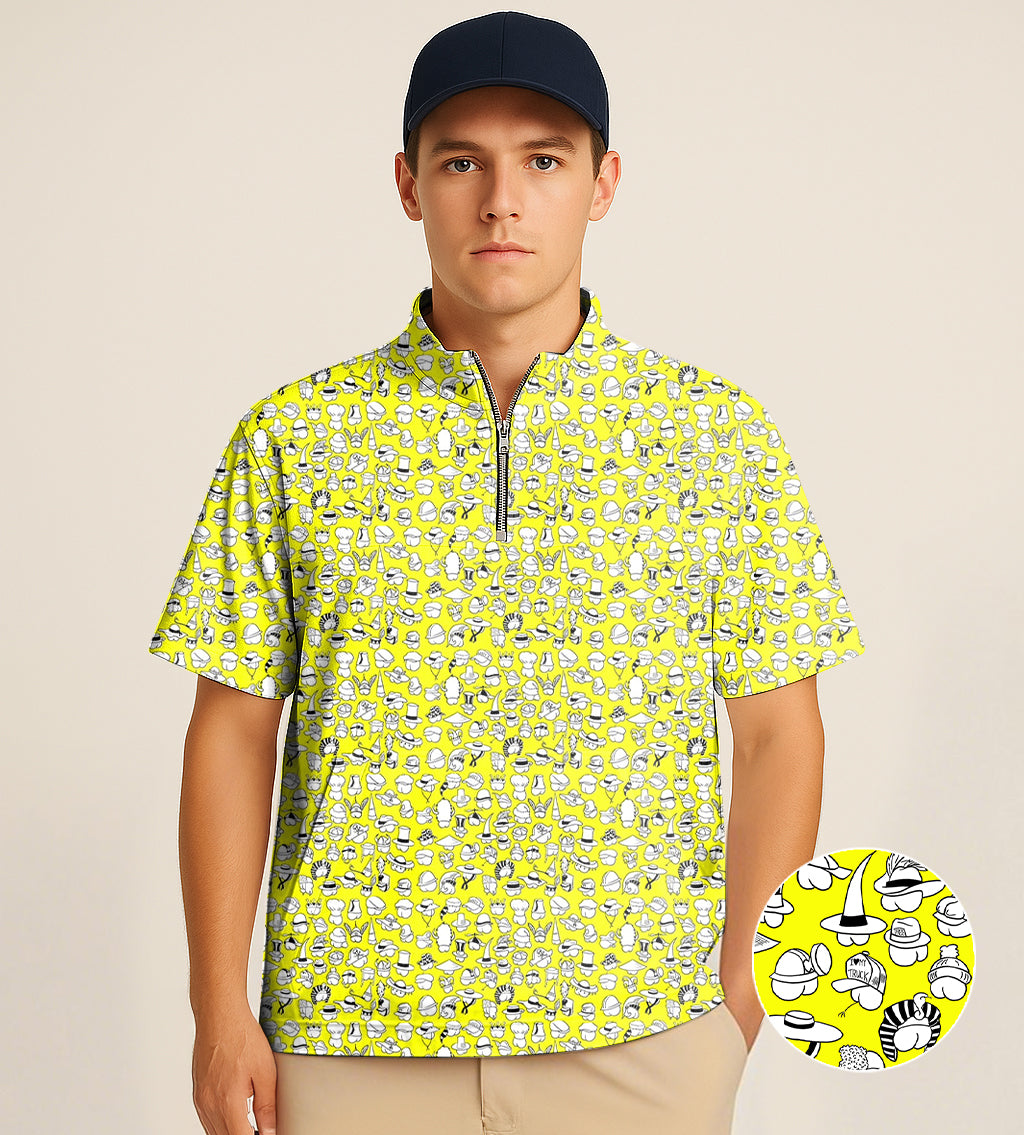 Men's Short Sleeve Quarter Zip Golf Pullover Yellow Versatile Hips Designer style Embroidery