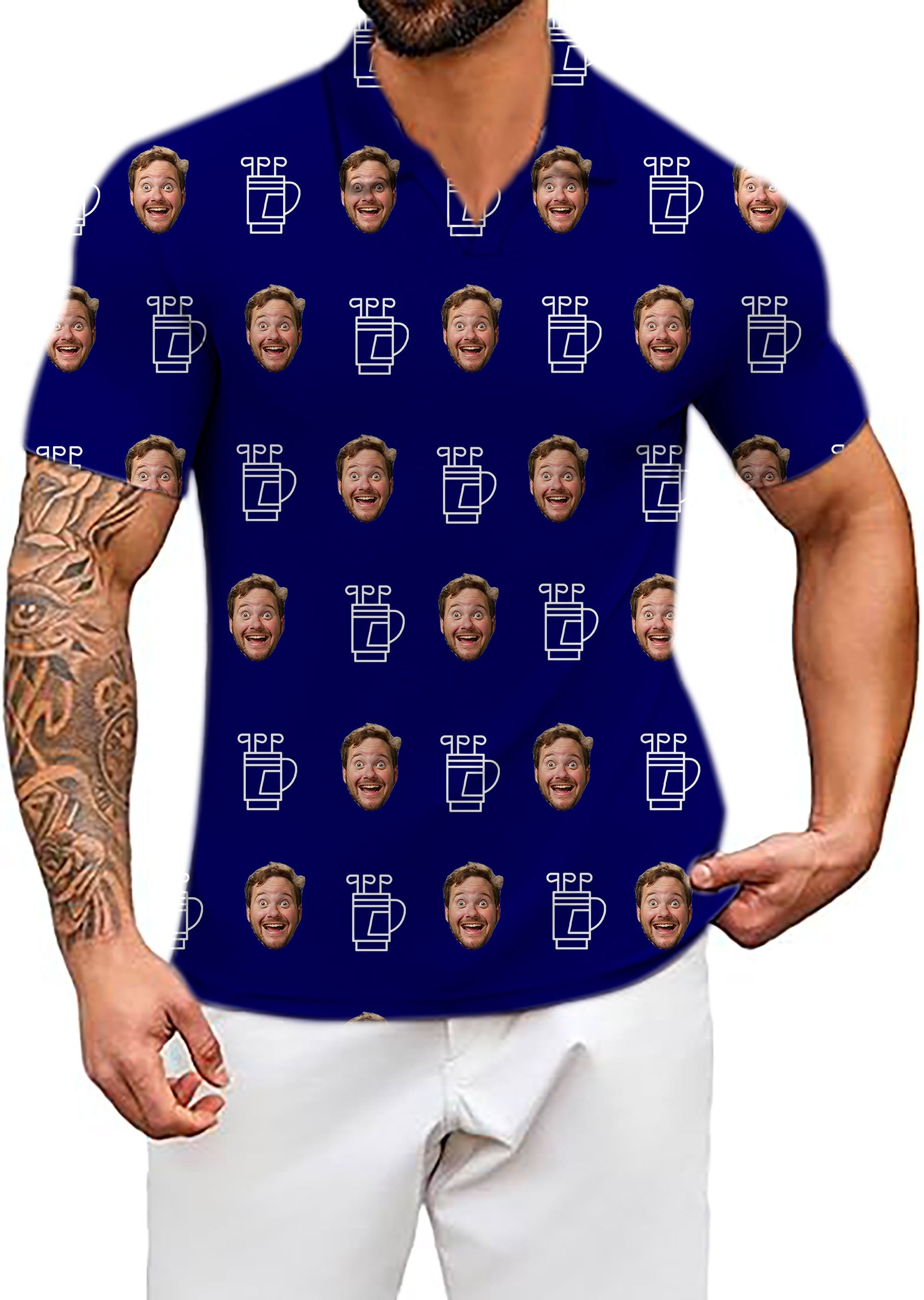 Men's Custom Photo Funny Face V Neck Golf Cart Polo Shirts Gift