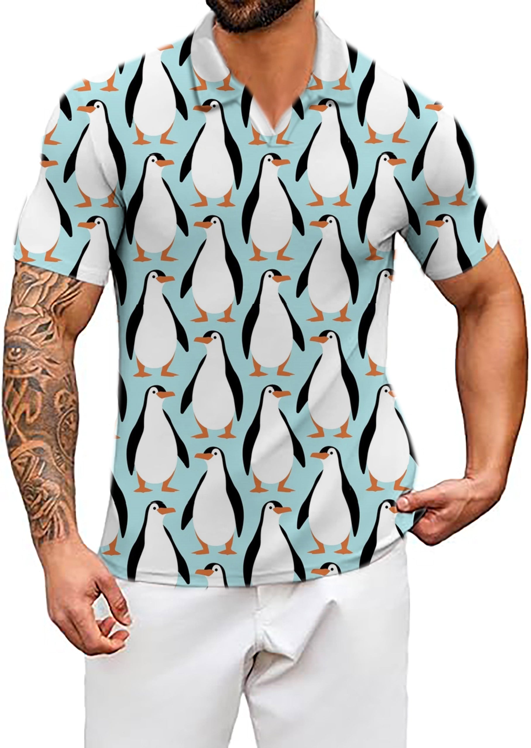 Men's Penguin Party V Neck Golf Polo Shirts