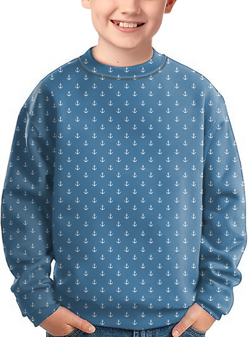 Kids sea blue anchor crewneck pullover with nautical anchor pattern
