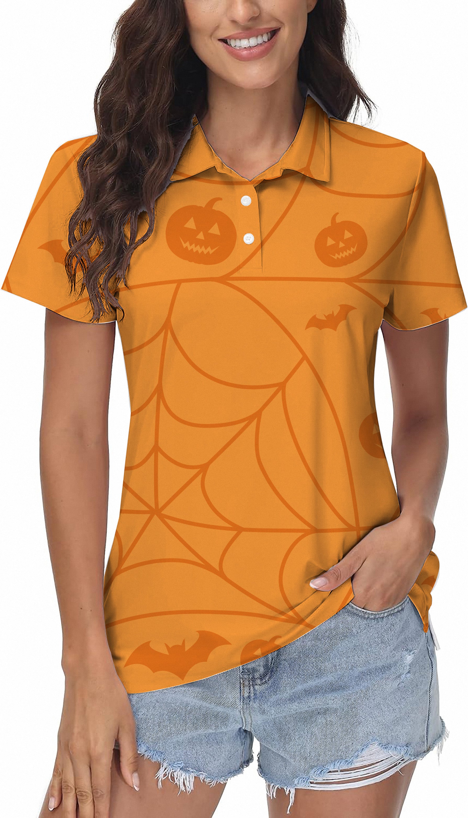 Halloween Spiderweb Pumpkin Women's Golf Polo