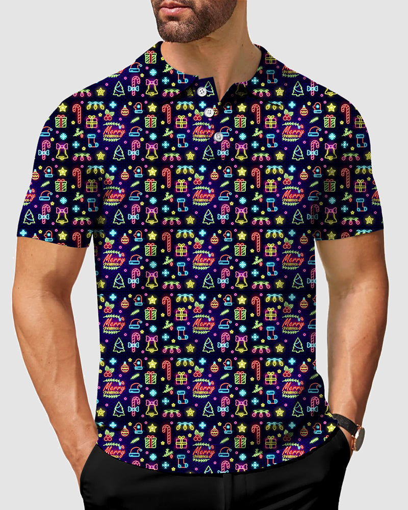 Men's Neon Merry Christmas Polo with neon holiday icons, moisture-wicking fabric, four-way stretch, and classic fit for comfort and business casual style.