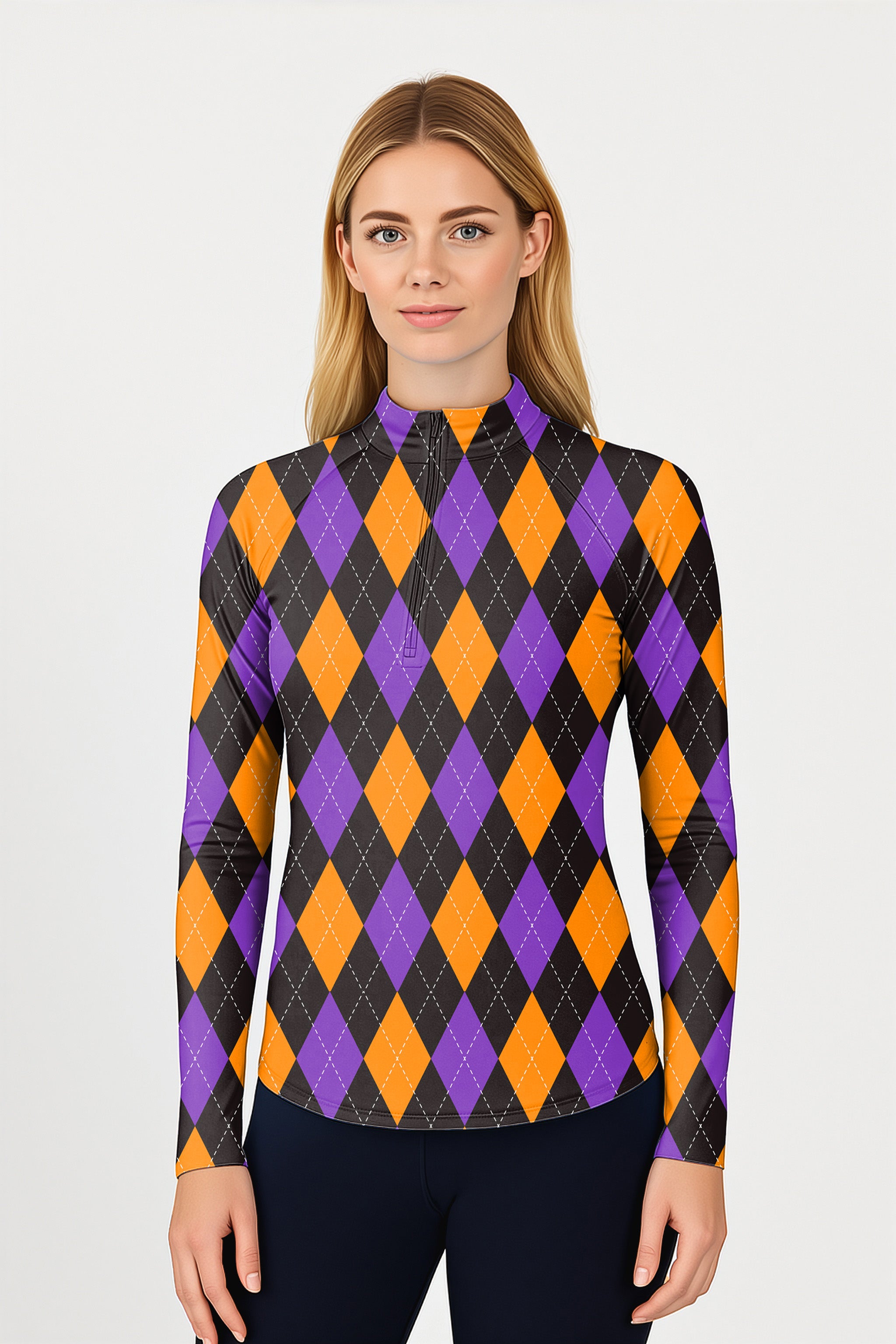 Orange purple and black argyle  Women's Golf Active 3/4 Zip Top