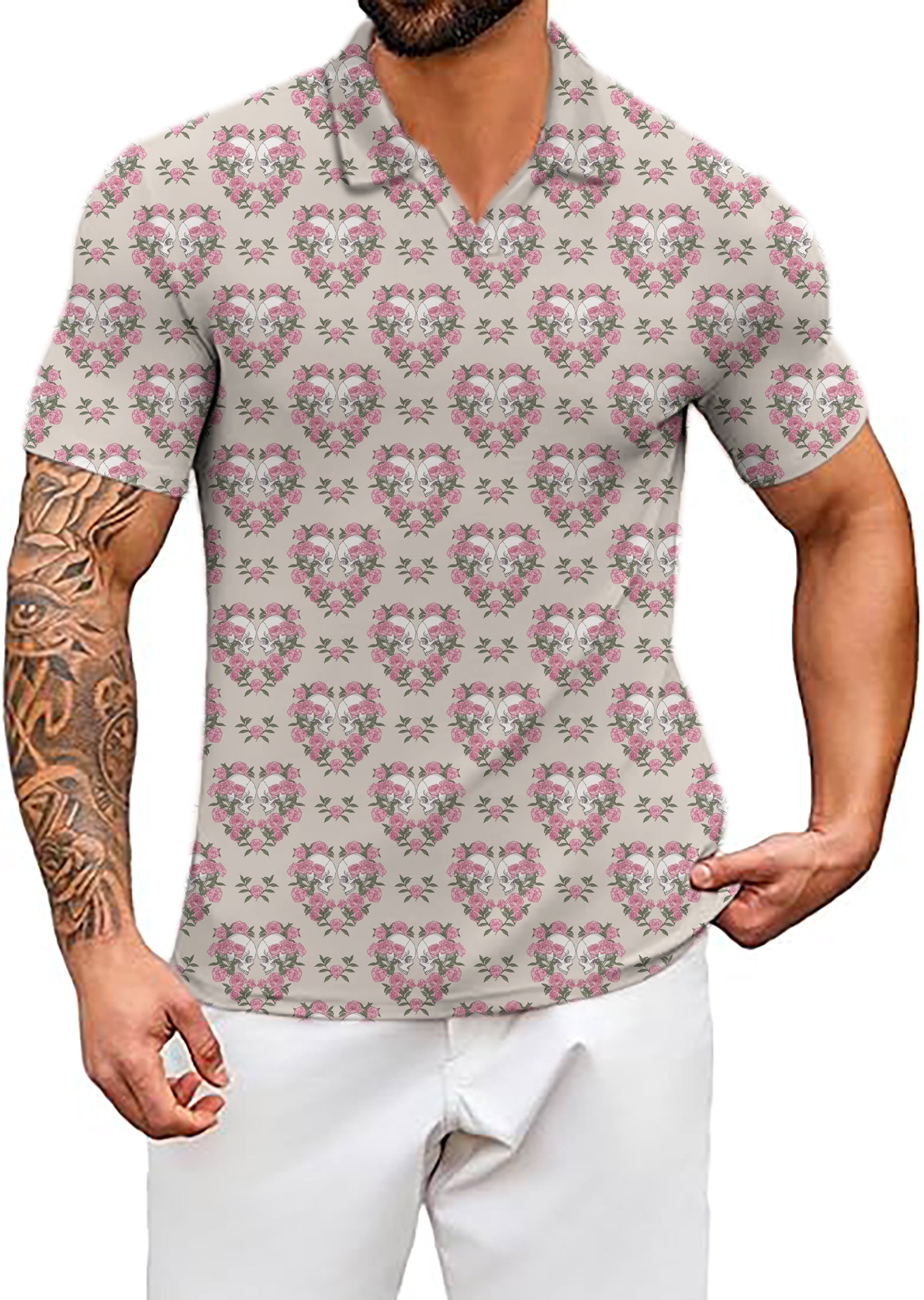 Men's Halloween Skull Rose V Neck Golf Polo Shirts