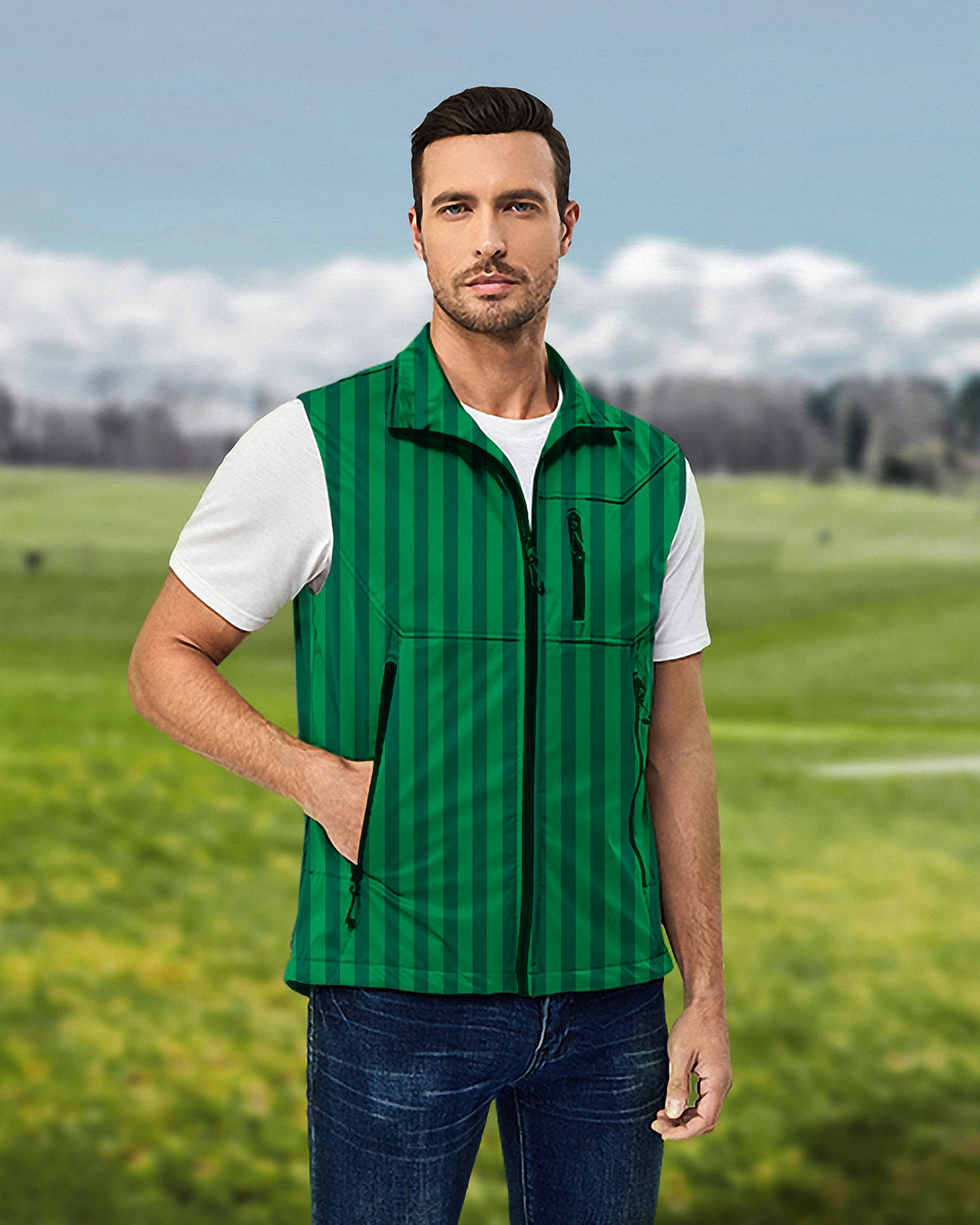 Men's Vertical stripes on a watermelon Lightweight Softshell Vest Sleeveless Jacket for Golf Windproof Waterproof