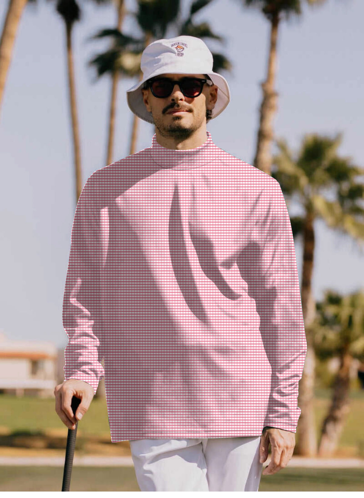 Men's Pink striped and checkered squares Mock Neck Long/Short Sleeve Golf Tops