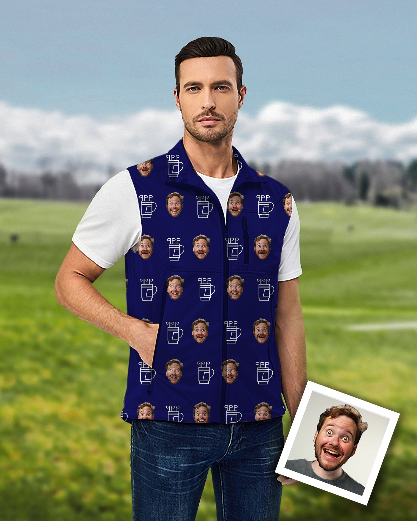 Custom Photo Funny Face Men's Lightweight Softshell Vest Sleeveless Jacket for Golf Windproof Waterproof Gift