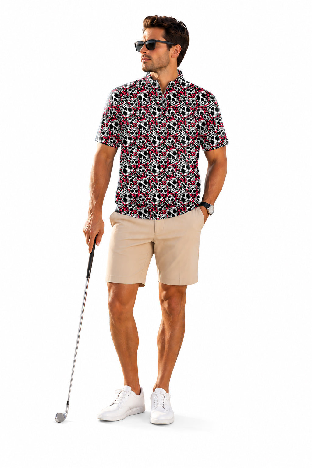 Men's Short Sleeve Quarter Zip Golf Pullover Sugar Skull Pattern Embroidery