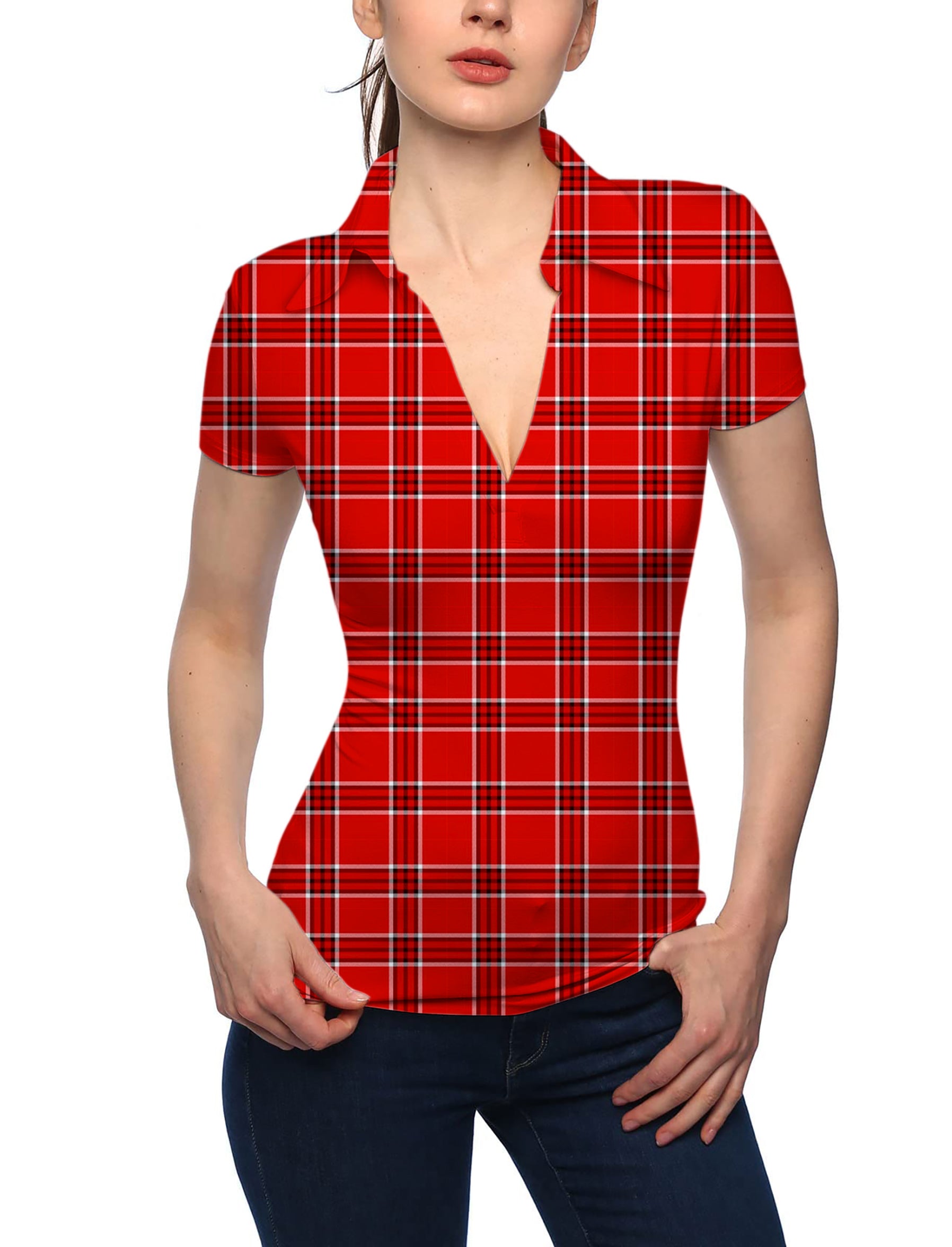 Women's Red grid V Neck Golf Polo