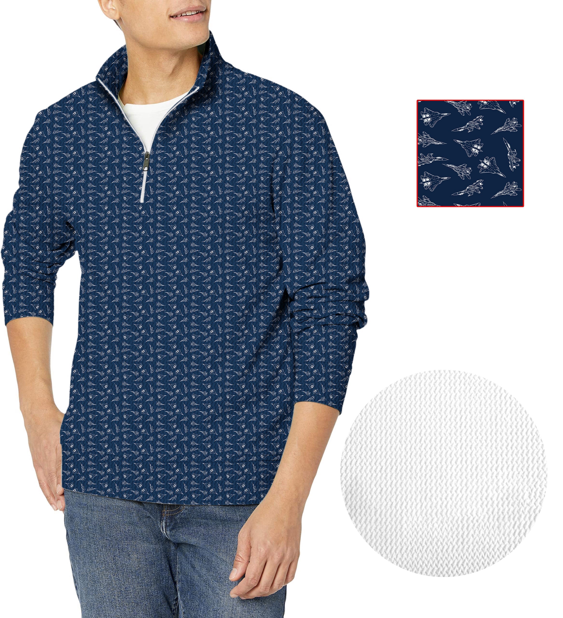 Fighter Men's Golf Waffle Zipper Pullover navy patterned long sleeve golf shirt with textured fabric detail