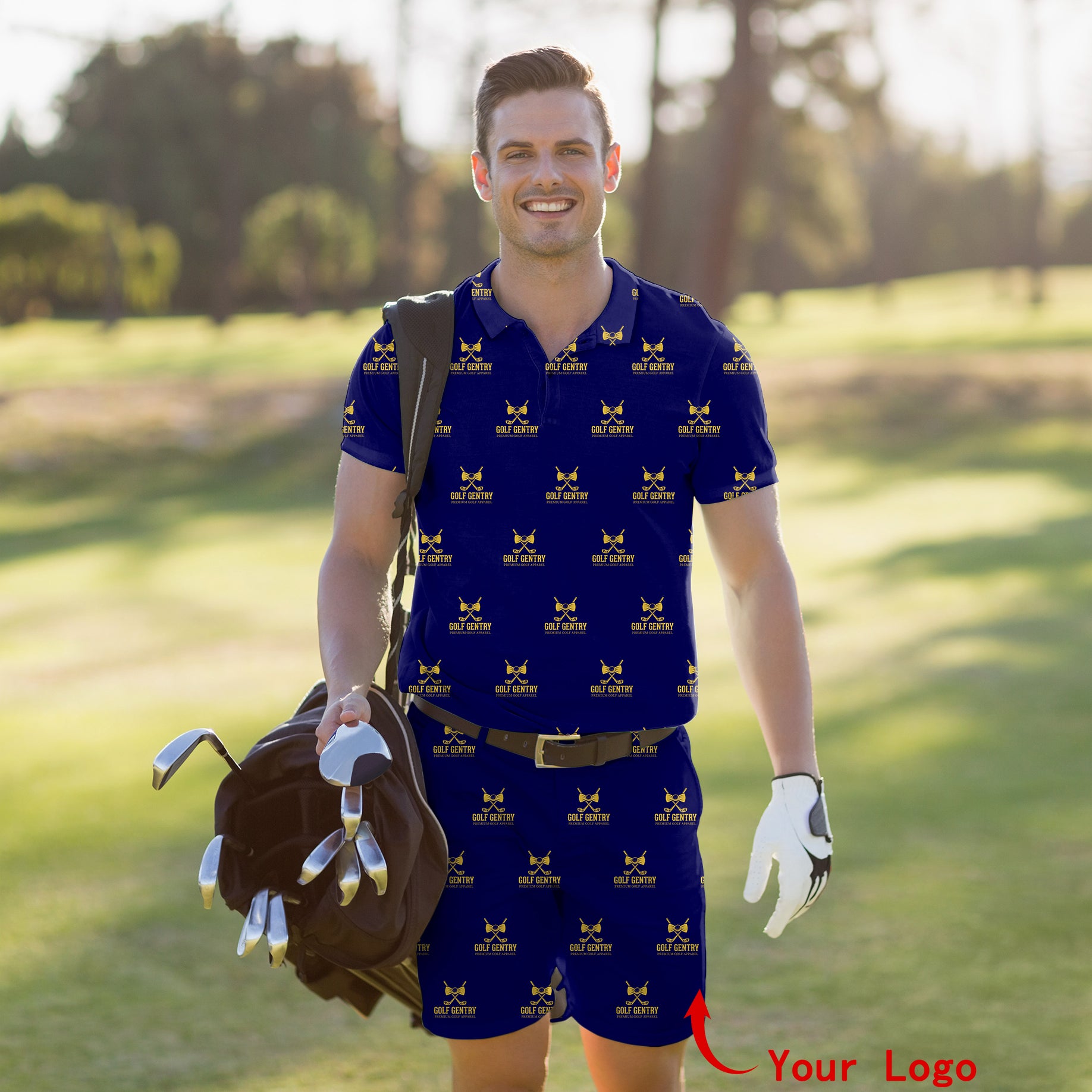 Men's Golf Set Polo+Shorts Custom Company Sport Team Logo Face