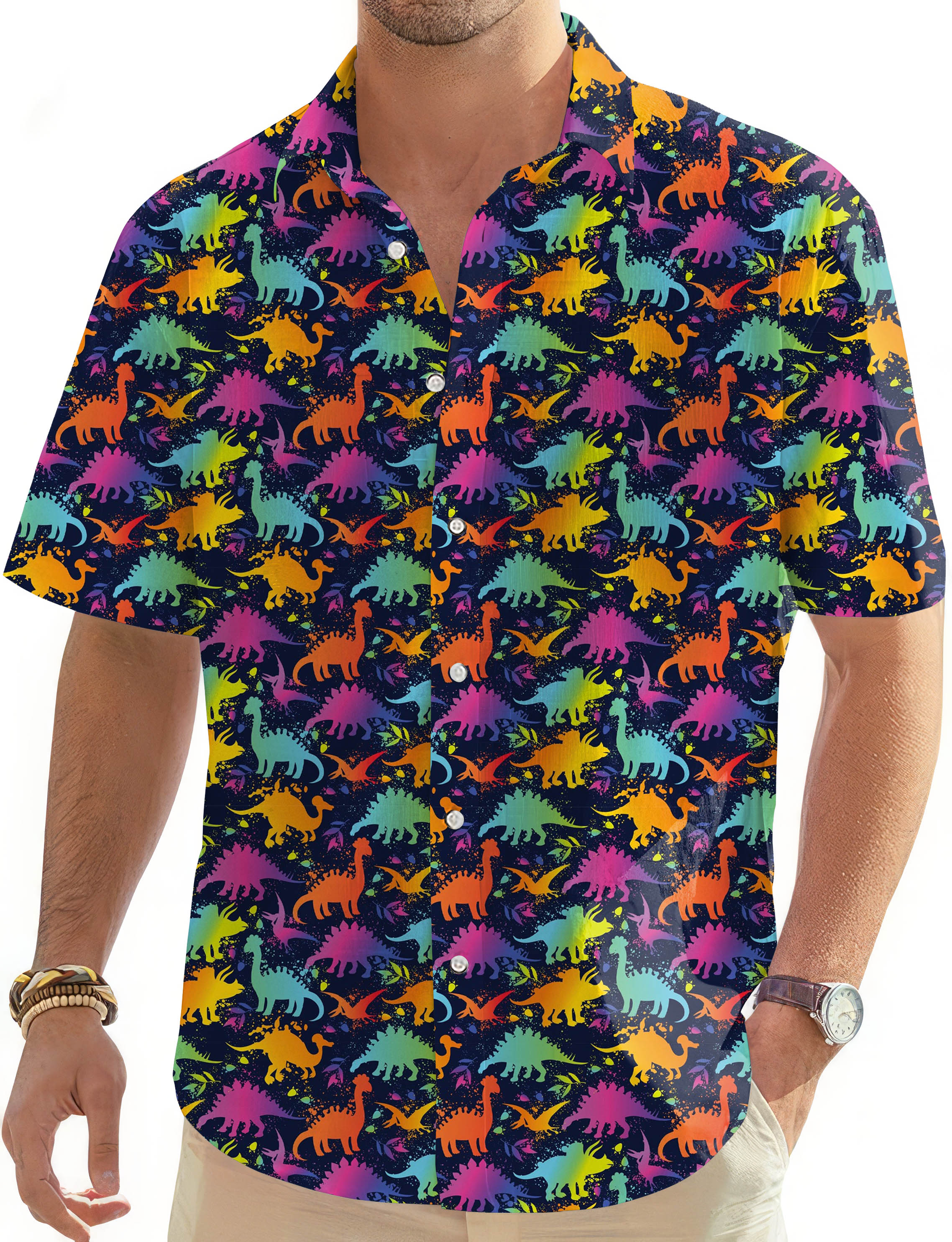 Dinosaur Party-Men's Golf Hawaiian Shirts Button Down Shirt