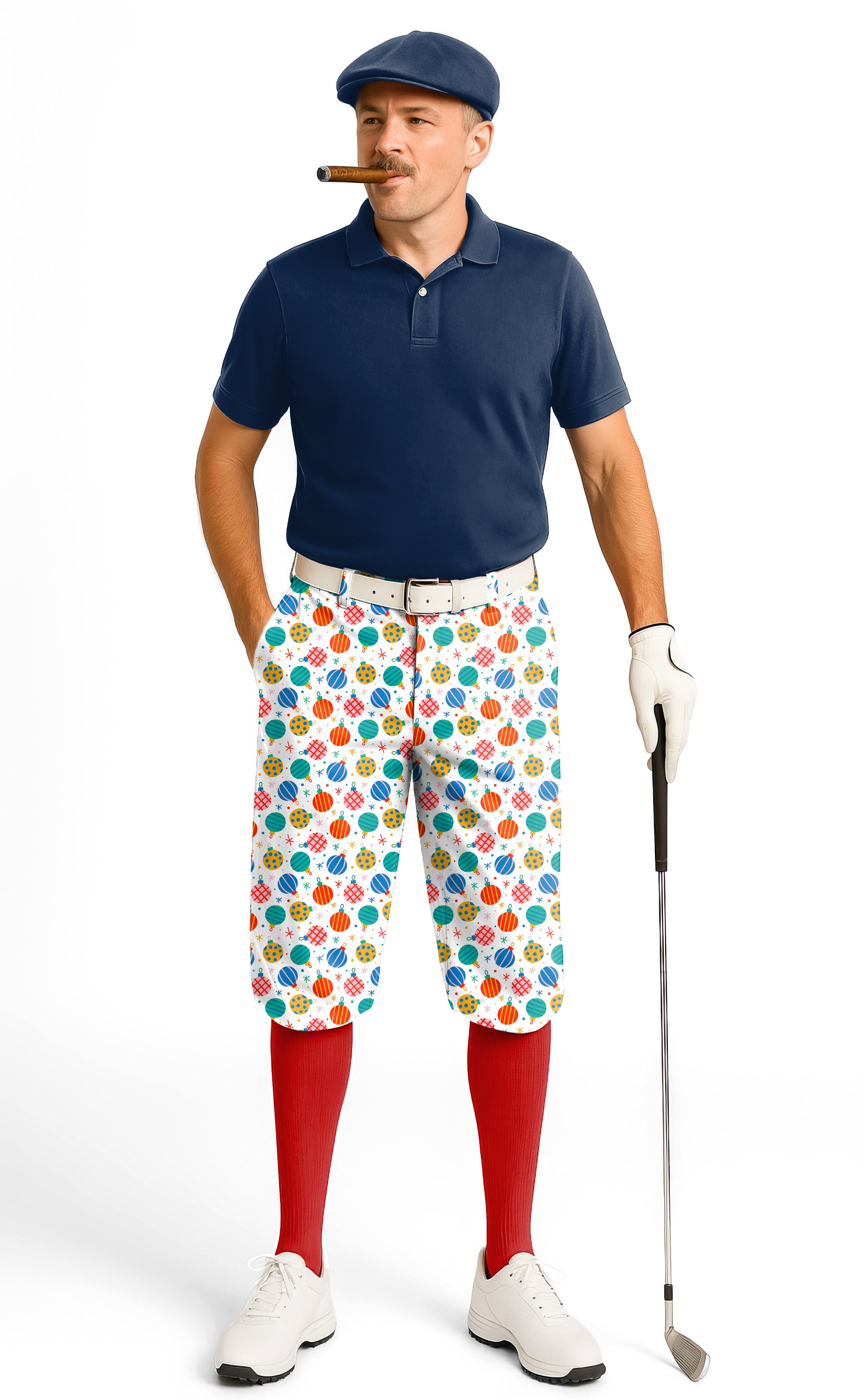 Men's Christmas Decoration Golf Knickers with festive pattern, snug ankle cuffs, and breathable fabric.