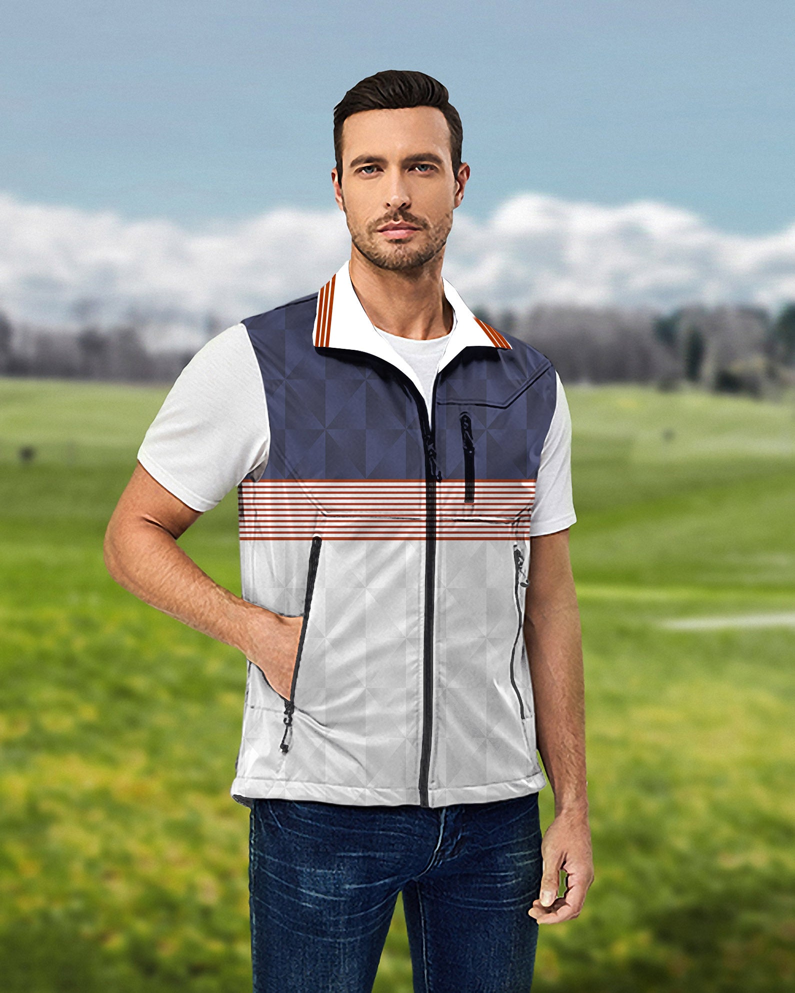 Men's Stripe Splicing Custom Sport Team Competition Uniforms Lightweight Softshell Vest Sleeveless Jacket for Golf Windproof Waterproof