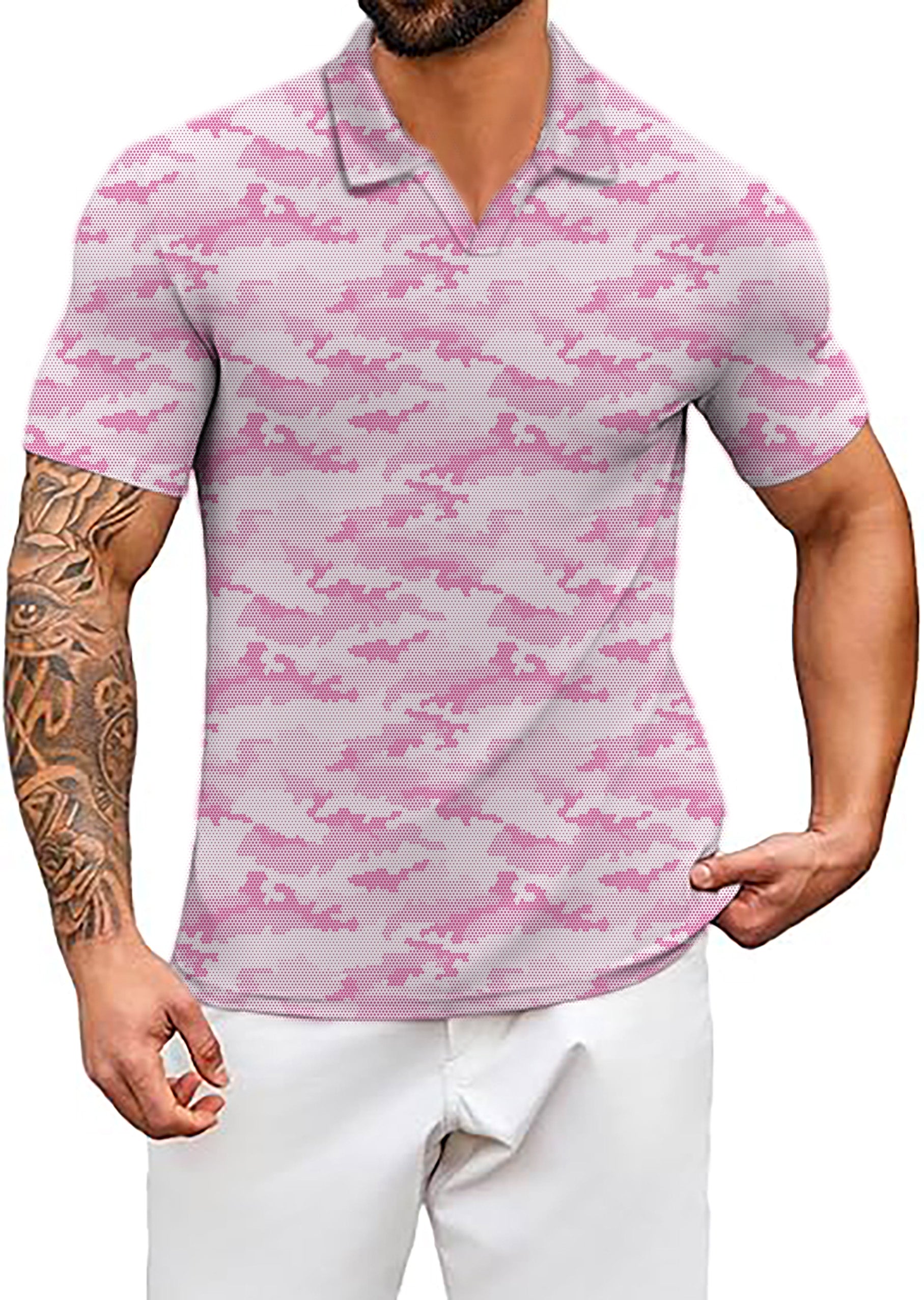 Men's PINK HEX CAMO V Neck Golf Polo Shirts