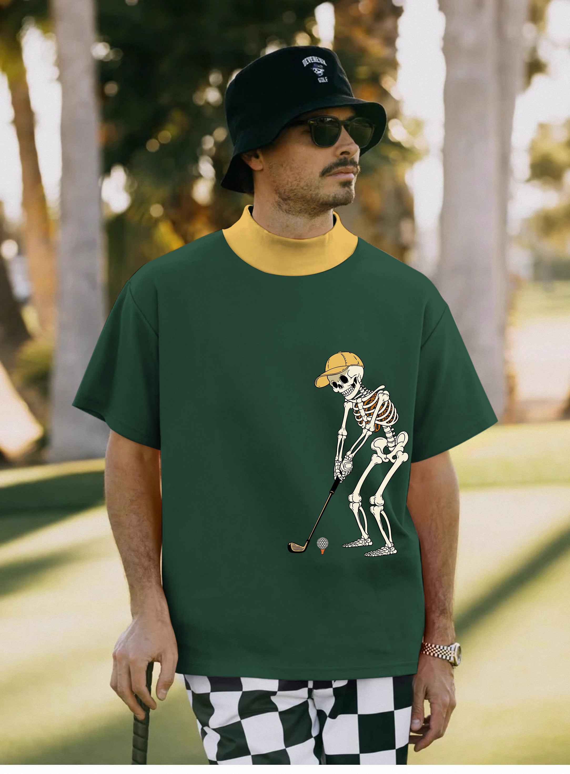 Men's Yellow Black Brown Halloween Skeleton Golf Pullover High neck Long/Short sleeve T-Shirt