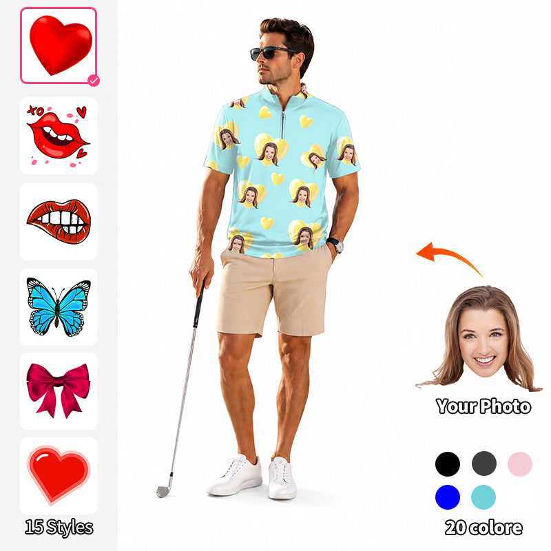Valentine's Day Men's Short Sleeve Quarter Zip Golf Pullover   Custom Photo Face Custom Color Green Blue Love Embroidery